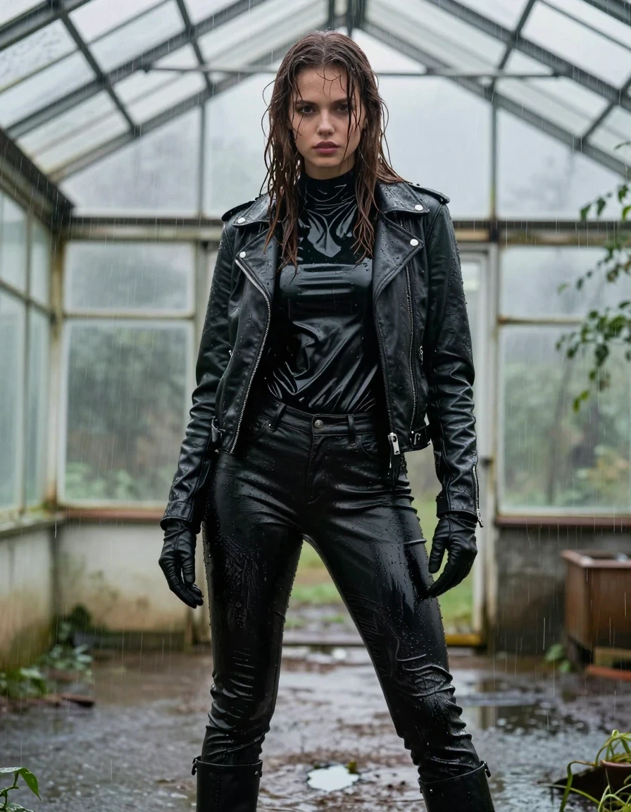 A stunning young adult European woman with long dripping wet brown hair and glistening wet skin, standing inside a derelict greenhouse during a torrential downpour. She is wearing an oversize black vinyl polar neck shirt that clings to her frame, layered under a heavy black biker leather jacket, with black leather gloves on both hands. She wears tight black leather jeans that are heavily drenched, with visible water sheen, deep darkened patches, and heavy wet folds clinging to her legs. She is wearing black leather knee-high boots. The greenhouse roof is leaking, with sheets of rain falling around her, creating a saturated, damp atmosphere. The clothing is visibly soaked, heavy with water, and clinging to her body with realistic wet texture and glossy specular highlights. Photorealistic, cinematic lighting, extreme attention to wet fabric textures, high contrast, sharp focus, 8k resolution.