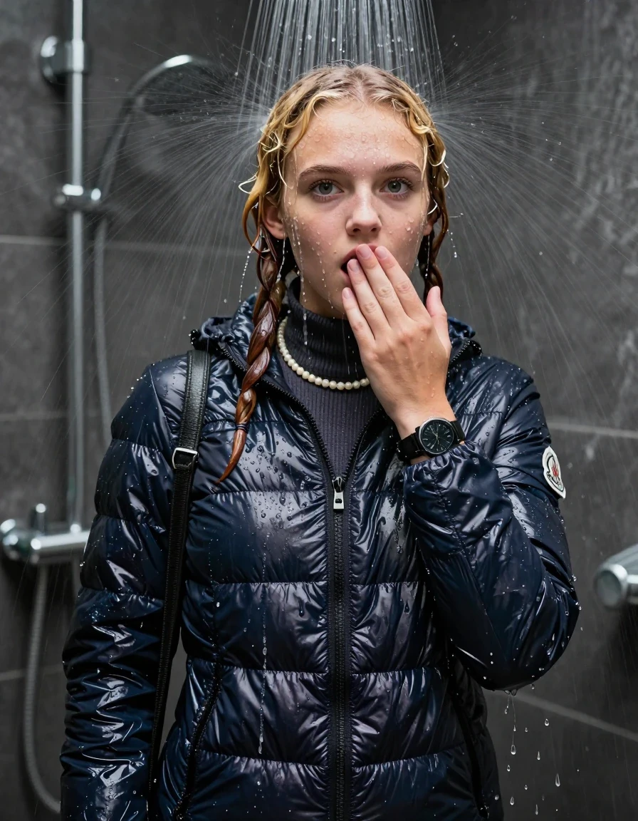 photo of young woman, in soaking wet, drenched clothes,
, , Moncler shiny puffer down jacket, tight knit turtleneck sweater belly free, shoulderbag, pearl necklace, bracelet, wristwatch, shower, 
enjoying, wet clothes stuck to body,
detailed textures of the wet clothes, wet face, wet plastered hair,
wet, drenched, professional, high-quality details, full body view.
sharp focus, ultra-high pixel detail, realistic, high-quality, full colors, incredibly detailed, 4k, 8k, 16k, hyper-realistic, RAW photo, masterpiece, ultra-detailed, professionally color graded, professional photograph, Pigtails

15 years old  teenage girl

One hand on her mouth. Looking at camera. horny eyes. afraid and astonished. open mouth, big eyes.

A high-quality vertical fashion photograph of a 15-year-old teenage girl standing directly under a heavy, powerful stream of water in a modern shower. She has shoulder-length, completely saturated and dripping wet blonde hair, with water cascading down her face and neck, creating an intense and exhilarated expression. The lighting is bright and cinematic, highlighting the glistening water droplets on her skin and the saturated texture of her gym clothes. The composition is a clear, frontal portrait, capturing the refreshing and powerful sensation of the water flow. The girl is positioned centrally, facing the camera at a mild three-quarter angle, with her face clearly visible. The depicted girl has shoulder-length dark auburn hair. Show her face clearly toward the camera at a mild three-quarter angle, large enough for a natural portrait face reference.
her clothing is soaking wet and clinging tightly to her skin, showing heavy wet folds, darkened fabric texture, and deep water-saturated Patches, her clothes are heavy from the water, water runs from her body and her clothes in streams. A lot of water also runs out of her clothes. Her clothes are darkened by the water. 
hyper-realistic wetness, high-contrast water sheen, sharp focus, 16k resolution, professional photography, realistic water physics., wet skin, wet clothes, damp fabric, wet skin, wet clothes, damp fabric