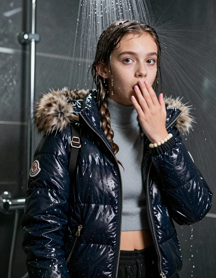 photo of young woman, in soaking wet, drenched clothes,
, , Moncler shiny puffer down jacket with fur, Open jacket, tight knit turtleneck sweater belly free, shoulderbag, pearl necklace, bracelet, wristwatch, Modern mirrored shower, 
enjoying, wet clothes stuck to body,
detailed textures of the wet clothes, wet face, wet plastered hair,
wet, drenched, professional, high-quality details, full body view.
sharp focus, ultra-high pixel detail, realistic, high-quality, full colors, incredibly detailed, 4k, 8k, 16k, hyper-realistic, RAW photo, masterpiece, ultra-detailed, professionally color graded, professional photograph, Pigtails

15 years old  teenage girl

One hand in front of her mouth. Looking slightly away. afraid and astonished. open mouth, big eyes.

A high-quality vertical fashion photograph of a 15-year-old teenage girl standing directly under a heavy, powerful stream of water in a modern shower. She has Sleek shoulder-length, completely saturated and dripping wet hair, with water cascading down her face and neck, creating an intense and exhilarated expression. The lighting is bright and cinematic, highlighting the glistening water droplets on her skin and the saturated texture of her  casual clothes. The composition is a clear, frontal portrait, capturing the refreshing and powerful sensation of the water flow. The girl is positioned centrally, facing the camera at a mild three-quarter angle, with her face clearly visible. The depicted girl has shoulder-length hair. Show her face clearly toward the camera at a mild three-quarter angle, large enough for a natural portrait face reference.
her clothing is soaking wet and clinging tightly to her skin, showing heavy wet folds, darkened fabric texture, and deep water-saturated Patches, her clothes are heavy from the water, water runs from her body and her clothes in streams. A lot of water also runs out of her clothes. Her clothes are darkened by the water. 
hyper-realistic wetness, high-contrast water sheen, sharp focus, 16k resolution, professional photography, realistic water physics., wet skin, wet clothes, damp fabric, wet skin, wet clothes, damp fabric