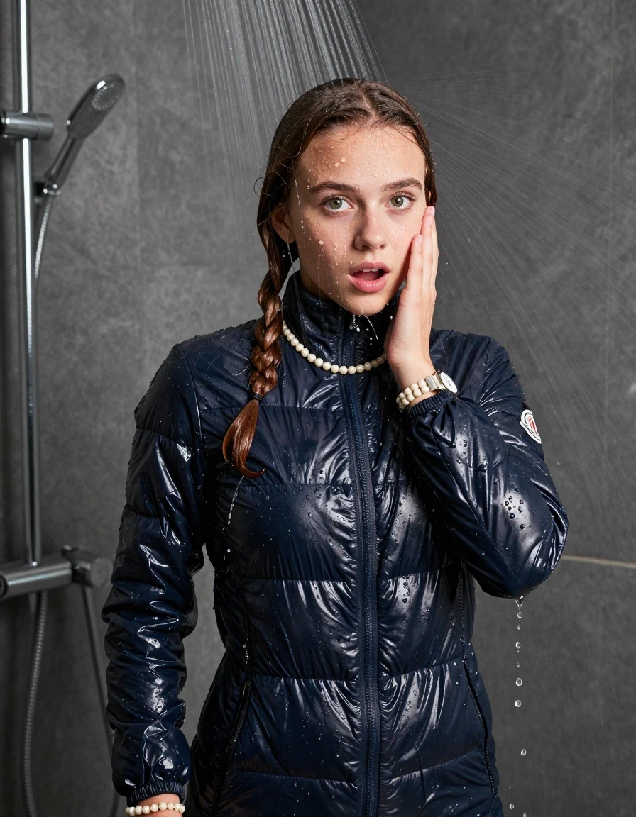 photo of young woman, in soaking wet, drenched clothes,
, , Moncler shiny puffer down jacket, tight knit turtleneck sweater belly free, shoulderbag, pearl necklace, bracelet, wristwatch, shower, 
enjoying, wet clothes stuck to body,
detailed textures of the wet clothes, wet face, wet plastered hair,
wet, drenched, professional, high-quality details, full body view.
sharp focus, ultra-high pixel detail, realistic, high-quality, full colors, incredibly detailed, 4k, 8k, 16k, hyper-realistic, RAW photo, masterpiece, ultra-detailed, professionally color graded, professional photograph, Pigtails

15 years old  teenage girl

One hand on her face. Looking at camera. horny eyes. afraid and astonished. open mouth, big eyes.

A high-quality vertical fashion photograph of a 15-year-old teenage girl standing directly under a heavy, powerful stream of water in a modern shower. She has Sleek shoulder-length, completely saturated and dripping wet hair, with water cascading down her face and neck, creating an intense and exhilarated expression. The lighting is bright and cinematic, highlighting the glistening water droplets on her skin and the saturated texture of her gym clothes. The composition is a clear, frontal portrait, capturing the refreshing and powerful sensation of the water flow. The girl is positioned centrally, facing the camera at a mild three-quarter angle, with her face clearly visible. The depicted girl has shoulder-length dark auburn hair. Show her face clearly toward the camera at a mild three-quarter angle, large enough for a natural portrait face reference.
her clothing is soaking wet and clinging tightly to her skin, showing heavy wet folds, darkened fabric texture, and deep water-saturated Patches, her clothes are heavy from the water, water runs from her body and her clothes in streams. A lot of water also runs out of her clothes. Her clothes are darkened by the water. 
hyper-realistic wetness, high-contrast water sheen, sharp focus, 16k resolution, professional photography, realistic water physics., wet skin, wet clothes, damp fabric, wet skin, wet clothes, damp fabric