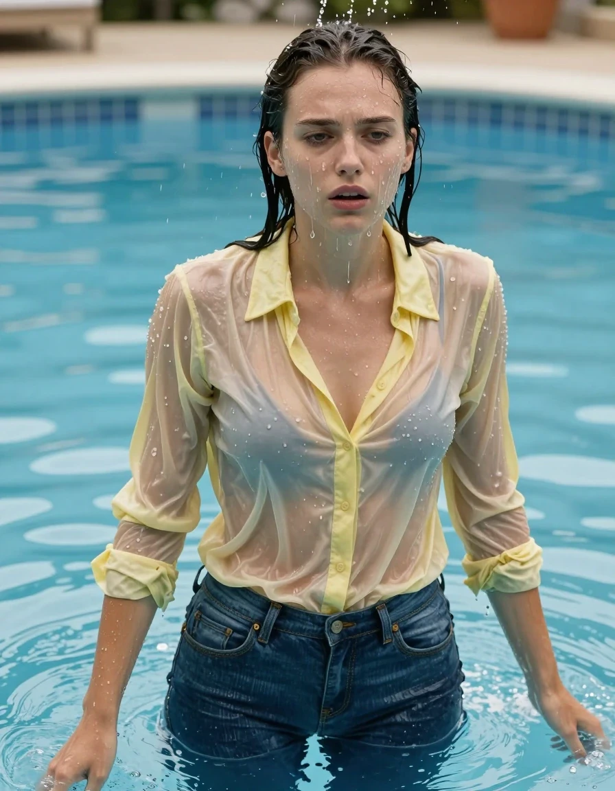 photo of young woman, in soaking wet, drenched clothes,
blue jeans, light yellow shiny blouse, shower in the pool, 
enjoying, wet clothes stuck to body,
detailed textures of the wet clothes, wet face, wet plastered hair,
wet, drenched, professional, high-quality details, full body view.
sharp focus, ultra-high pixel detail, realistic, high-quality, full colors, incredibly detailed, 4k, 8k, 16k, hyper-realistic, RAW photo, masterpiece, ultra-detailed, professionally color graded, professional photograph, mud, drenched, dripping wet, wet hair, ashamed, 
submerged,, wet skin, wet clothes, damp fabric
