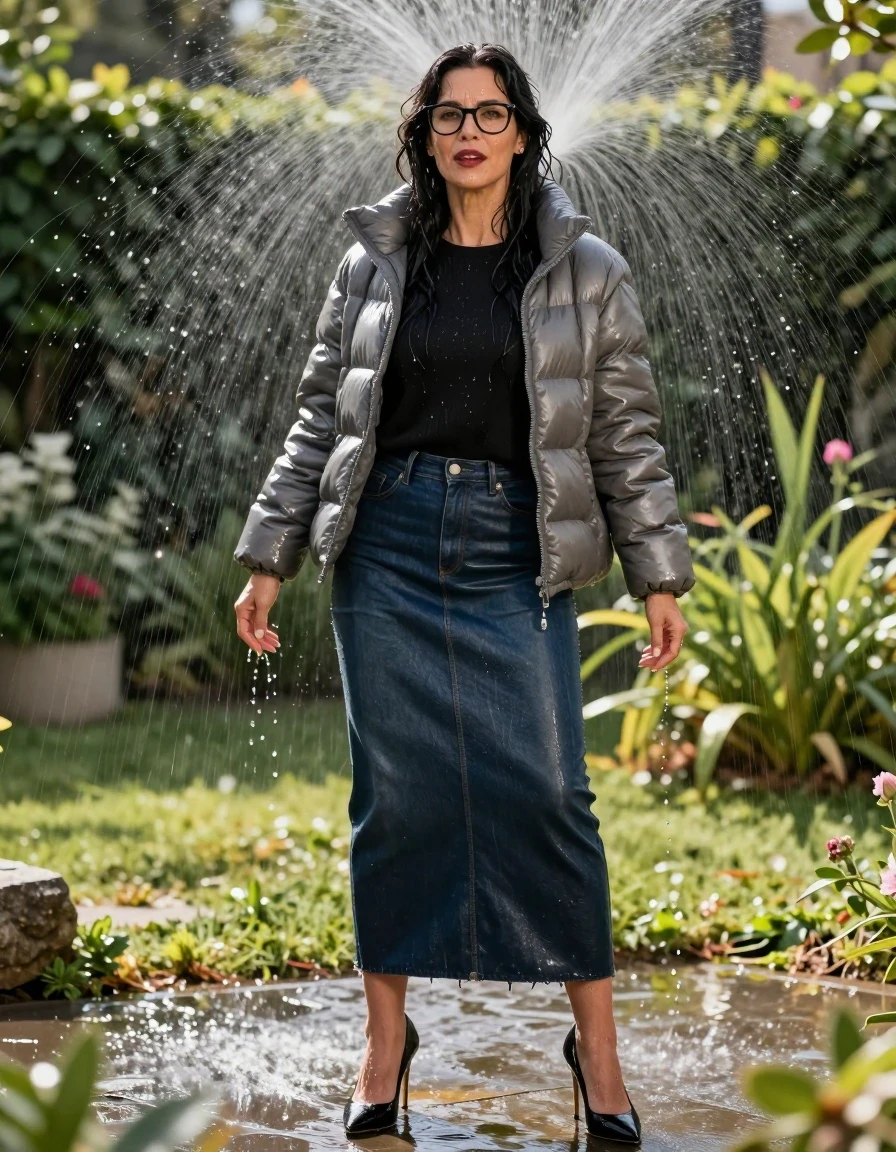 photo of young woman, in soaking wet, drenched clothes,
black high-heeled shoes, maxi dark blue leather denim skirt, black sweater,  gray maxi shiny puffer down jacket, under sprinklers in sunny garden, enjoying wet clothes stuck body, enjoying, wet clothes stuck to body, 
enjoying, wet clothes stuck to body,
detailed textures of the wet clothes, wet face, wet plastered hair,
wet, drenched, professional, high-quality details, full body view.
sharp focus, ultra-high pixel detail, realistic, high-quality, full colors, incredibly detailed, 4k, 8k, 16k, hyper-realistic, RAW photo, masterpiece, ultra-detailed, professionally color graded, professional photograph, europen brunette skinny woman 50 years old, long dark black hair, office glasses, very big and thick lips, complete body, wet skin, wet clothes, damp fabric, wet skin, wet clothes, damp fabric, wet skin, wet clothes, damp fabric, wet skin, wet clothes, damp fabric, wet skin, wet clothes, damp fabric, wet skin, wet clothes, damp fabric, wet skin, wet clothes, damp fabric