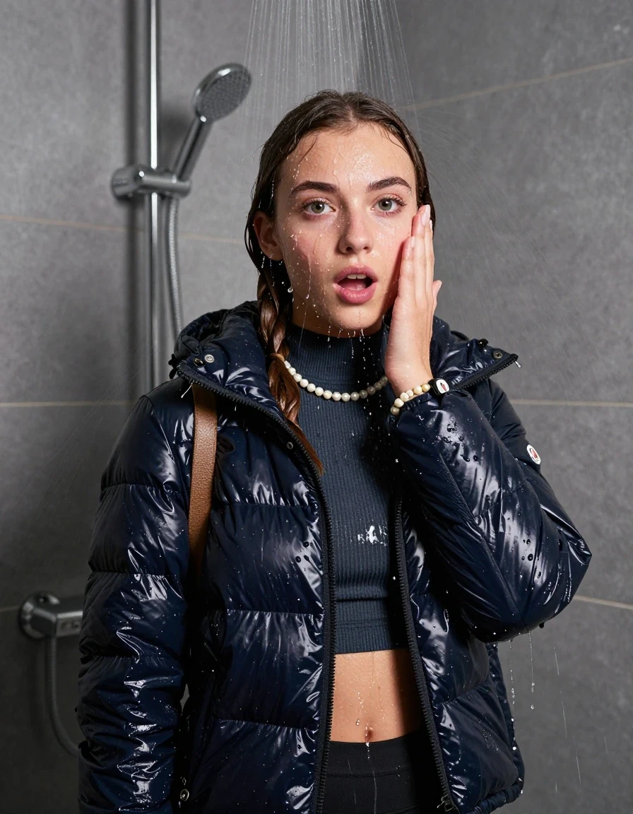 photo of young woman, in soaking wet, drenched clothes,
, , Moncler shiny puffer down jacket, Open jacket, tight knit turtleneck sweater belly free, shoulderbag, pearl necklace, bracelet, wristwatch, shower, 
enjoying, wet clothes stuck to body,
detailed textures of the wet clothes, wet face, wet plastered hair,
wet, drenched, professional, high-quality details, full body view.
sharp focus, ultra-high pixel detail, realistic, high-quality, full colors, incredibly detailed, 4k, 8k, 16k, hyper-realistic, RAW photo, masterpiece, ultra-detailed, professionally color graded, professional photograph, Pigtails

15 years old  teenage girl

One hand on her face. Looking at camera. horny eyes. afraid and astonished. open mouth, big eyes.

A high-quality vertical fashion photograph of a 15-year-old teenage girl standing directly under a heavy, powerful stream of water in a modern shower. She has Sleek shoulder-length, completely saturated and dripping wet hair, with water cascading down her face and neck, creating an intense and exhilarated expression. The lighting is bright and cinematic, highlighting the glistening water droplets on her skin and the saturated texture of her gym clothes. The composition is a clear, frontal portrait, capturing the refreshing and powerful sensation of the water flow. The girl is positioned centrally, facing the camera at a mild three-quarter angle, with her face clearly visible. The depicted girl has shoulder-length dark auburn hair. Show her face clearly toward the camera at a mild three-quarter angle, large enough for a natural portrait face reference.
her clothing is soaking wet and clinging tightly to her skin, showing heavy wet folds, darkened fabric texture, and deep water-saturated Patches, her clothes are heavy from the water, water runs from her body and her clothes in streams. A lot of water also runs out of her clothes. Her clothes are darkened by the water. 
hyper-realistic wetness, high-contrast water sheen, sharp focus, 16k resolution, professional photography, realistic water physics., wet skin, wet clothes, damp fabric, wet skin, wet clothes, damp fabric