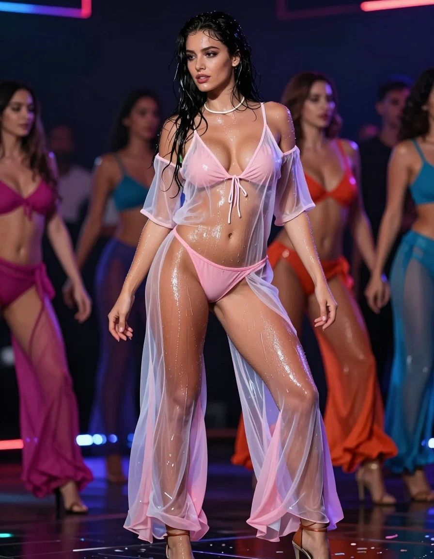 A stunning 25-year-old Italian model with a pear-shaped body and 36B bust, captured in a high-energy lap dance scene surrounded by a group of people. She is wearing a thin, transparent open blouse layered over a pink camisole, paired with flowing palazzo pants and high heels. The entire outfit is soaking wet, with the fabric clinging to her skin, showing deep, saturated colors, heavy water-logged folds, and a realistic translucent wet texture. She wears a delicate thin plain necklace. Her skin and hair are glistening with a realistic water sheen. The environment is dark, illuminated by vibrant, colorful LED strip lights that reflect off her wet clothes and skin. Photorealistic, 8k, highly detailed, cinematic lighting, sharp focus on the subject, fully clothed, modest attire, no nudity.