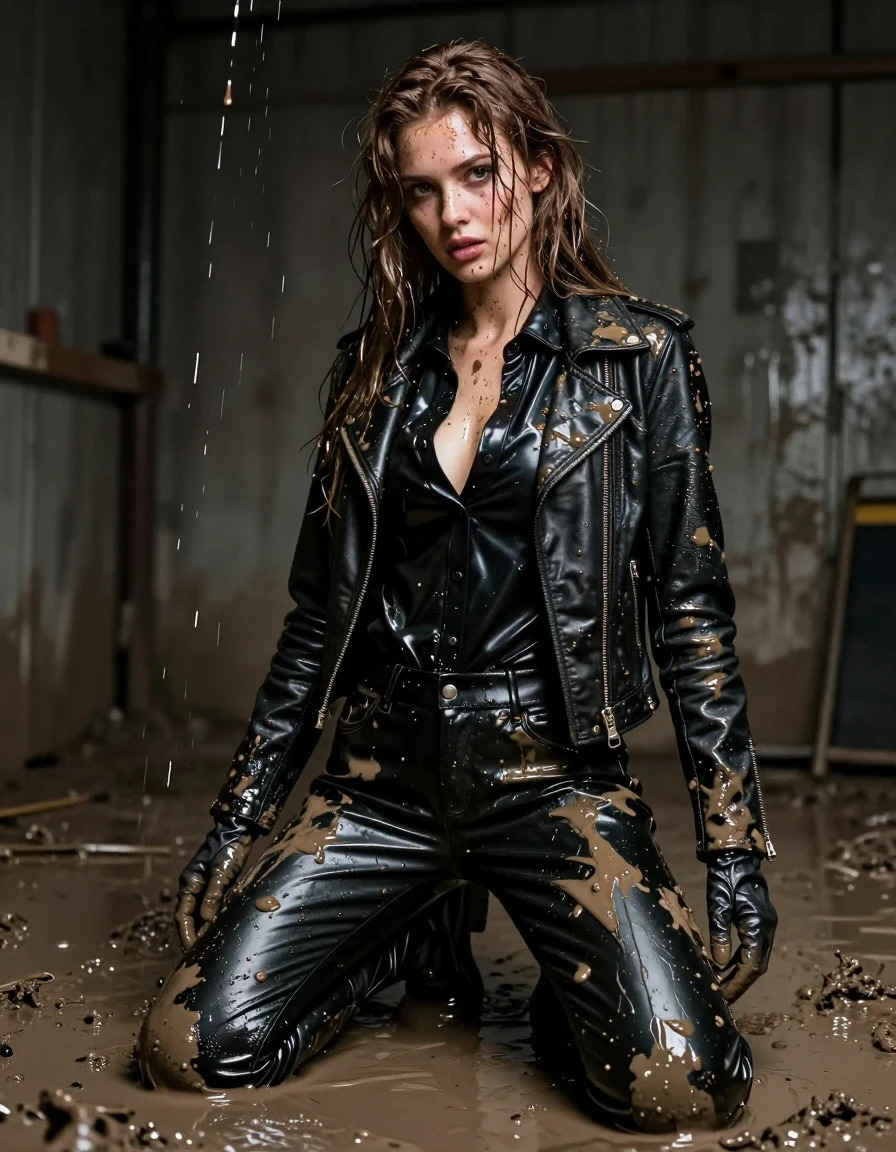 A hyper-realistic portrait of a young adult European woman with long, dripping wet brown hair, kneeling in a dimly lit, gritty room. Thick, dark mud is actively dripping from the ceiling, coating her entirely. She is drenched in mud, with heavy mud smears clinging to her skin and clothes, creating a visceral, textured look. She is dressed in an oversize black vinyl polar neck shirt, black vinyl pants, and a black biker leather jacket, all heavily saturated and glistening with a mix of mud and water. She wears black leather gloves on both hands and black leather knee-high boots. The fabric of the vinyl and leather items is slick, reflective, and heavy with moisture, showing deep folds and clinging to her form. The atmosphere is damp and oppressive, with wet skin and wet clothing textures rendered with extreme detail. High-contrast lighting highlights the sheen of the mud and the glossy surfaces of the vinyl and leather, emphasizing the saturated, heavy appearance of the drenched attire. The composition is a cinematic medium shot focusing on the subject's intense expression and the texture of the mud-drenched materials.