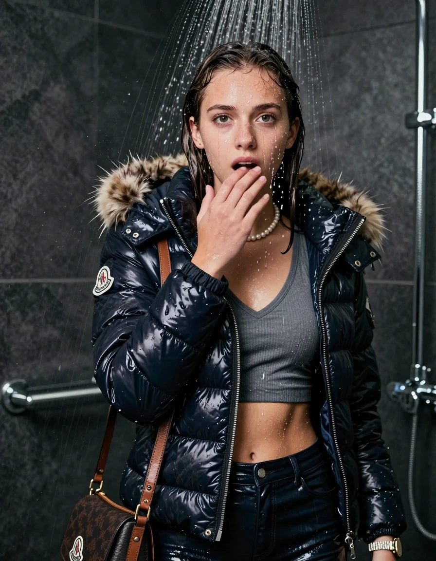photo of young woman, in soaking wet, drenched clothes,
, , Moncler shiny puffer down jacket with fur, Open jacket, tight v-neck sweater belly free, shoulderbag, pearl necklace, bracelet, wristwatch, Modern mirrored shower, 
enjoying, wet clothes stuck to body,
detailed textures of the wet clothes, wet face, wet plastered hair,
wet, drenched, professional, high-quality details, full body view.
sharp focus, ultra-high pixel detail, realistic, high-quality, full colors, incredibly detailed, 4k, 8k, 16k, hyper-realistic, RAW photo, masterpiece, ultra-detailed, professionally color graded, professional photograph, A high-quality vertical fashion photograph of a 15-year-old teenage girl standing directly under a heavy, powerful stream of water in a modern shower. She has Sleek  straight shoulder-length, completely saturated and dripping wet hair, with water cascading down her face and neck, creating an afraid and astonished expression. She hold a hand on her mouth. The lighting is bright and cinematic, highlighting the glistening water droplets on her skin and the saturated texture of her  casual clothes. The composition is a clear, frontal portrait, capturing the refreshing and powerful sensation of the water flow. The girl is positioned centrally, facing the camera at a mild three-quarter angle, with her face clearly visible. The depicted girl has shoulder-length hair. Show her face clearly toward the camera at a mild three-quarter angle, large enough for a natural portrait face reference.
her clothing is soaking wet and clinging tightly to her skin, showing heavy wet folds, darkened fabric texture, and deep water-saturated Patches, her clothes are heavy from the water, water runs from her body and her clothes in streams. A lot of water also runs out of her clothes. Her clothes are darkened by the water. 
hyper-realistic wetness, high-contrast water sheen, sharp focus, 16k resolution, professional photography, realistic water physics., wet skin, wet clothes, damp fabric, wet skin, wet clothes, damp fabric, wet skin, wet clothes, damp fabric
