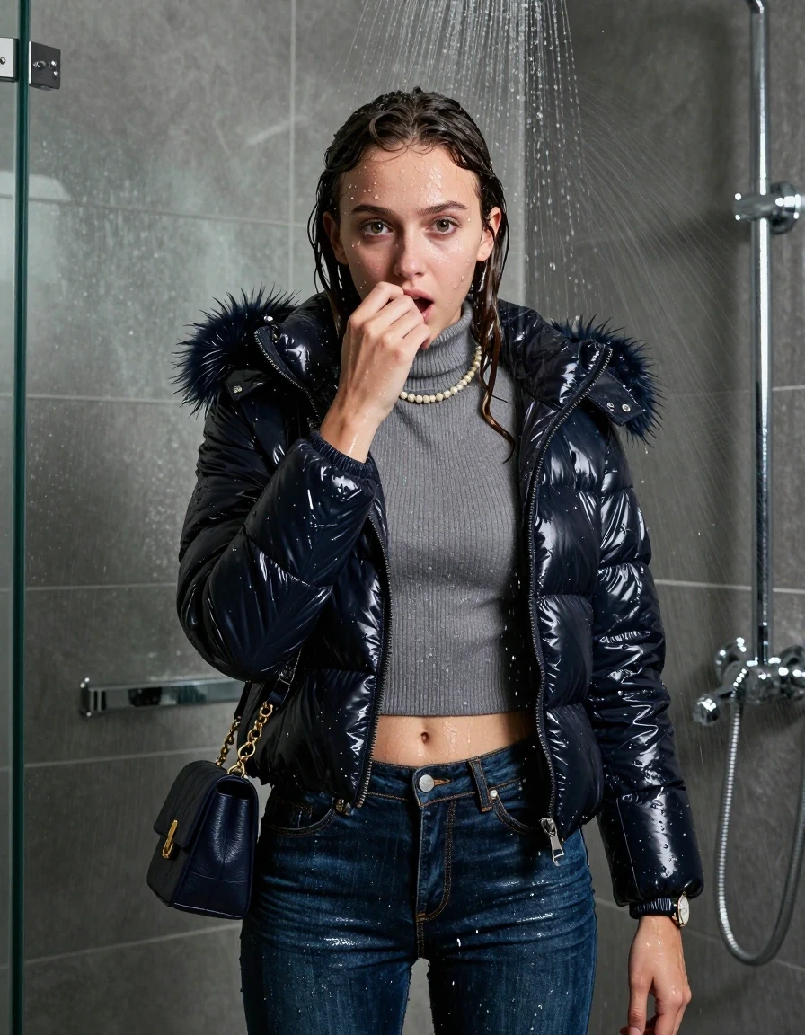 photo of young woman, in soaking wet, drenched clothes,
, Tight skinny jeans, Moncler shiny puffer down jacket with fur, Open jacket, tight knit turtleneck sweater belly free, shoulderbag, pearl necklace, bracelet, wristwatch, Modern mirrored shower, 
enjoying, wet clothes stuck to body,
detailed textures of the wet clothes, wet face, wet plastered hair,
wet, drenched, professional, high-quality details, full body view.
sharp focus, ultra-high pixel detail, realistic, high-quality, full colors, incredibly detailed, 4k, 8k, 16k, hyper-realistic, RAW photo, masterpiece, ultra-detailed, professionally color graded, professional photograph, Pigtails

15 years old  teenage girl

One hand in front of her nose. Looking at camera. horny eyes. afraid and astonished. open mouth, big eyes.

A high-quality vertical fashion photograph of a 15-year-old teenage girl standing directly under a heavy, powerful stream of water in a modern shower. She has Sleek shoulder-length, completely saturated and dripping wet hair, with water cascading down her face and neck, creating an intense and exhilarated expression. The lighting is bright and cinematic, highlighting the glistening water droplets on her skin and the saturated texture of her  casual clothes. The composition is a clear, frontal portrait, capturing the refreshing and powerful sensation of the water flow. The girl is positioned centrally, facing the camera at a mild three-quarter angle, with her face clearly visible. The depicted girl has shoulder-length hair. Show her face clearly toward the camera at a mild three-quarter angle, large enough for a natural portrait face reference.
her clothing is soaking wet and clinging tightly to her skin, showing heavy wet folds, darkened fabric texture, and deep water-saturated Patches, her clothes are heavy from the water, water runs from her body and her clothes in streams. A lot of water also runs out of her clothes. Her clothes are darkened by the water. 
hyper-realistic wetness, high-contrast water sheen, sharp focus, 16k resolution, professional photography, realistic water physics., wet skin, wet clothes, damp fabric, wet skin, wet clothes, damp fabric