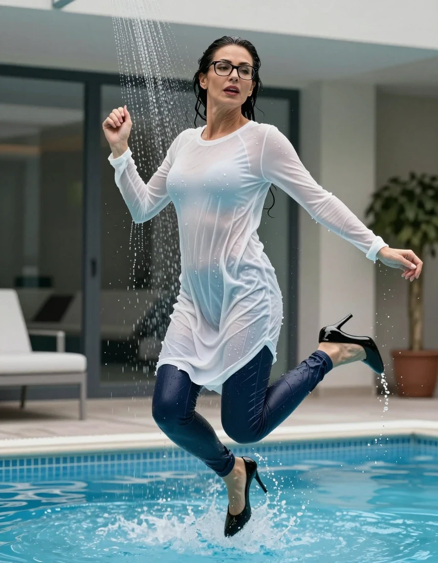 photo of young woman, in soaking wet, drenched clothes,
black high-heeled shoes, long dark blue leather jeans, long white sweater, jumping in pool under shower after bath in indoor pool, enjoying wet clothes stuck body, enjoying, wet clothes stuck to body, 
enjoying, wet clothes stuck to body,
detailed textures of the wet clothes, wet face, wet plastered hair,
wet, drenched, professional, high-quality details, full body view.
sharp focus, ultra-high pixel detail, realistic, high-quality, full colors, incredibly detailed, 4k, 8k, 16k, hyper-realistic, RAW photo, masterpiece, ultra-detailed, professionally color graded, professional photograph, europen brunette skinny woman 50 years old, long dark black hair, office glasses, very big and thick lips, complete body, wet skin, wet clothes, damp fabric, wet skin, wet clothes, damp fabric, wet skin, wet clothes, damp fabric, wet skin, wet clothes, damp fabric, wet skin, wet clothes, damp fabric, wet skin, wet clothes, damp fabric, wet skin, wet clothes, damp fabric