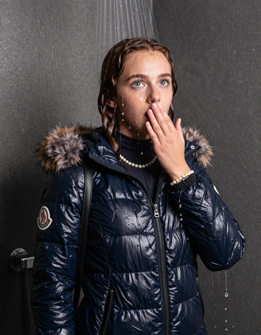 photo of young woman, in soaking wet, drenched clothes,
, , Moncler shiny puffer down jacket with fur, tight turtleneck sweater belly free, shoulderbag, pearl necklace, bracelet, wristwatch, shower, 
enjoying, wet clothes stuck to body,
detailed textures of the wet clothes, wet face, wet plastered hair,
wet, drenched, professional, high-quality details, full body view.
sharp focus, ultra-high pixel detail, realistic, high-quality, full colors, incredibly detailed, 4k, 8k, 16k, hyper-realistic, RAW photo, masterpiece, ultra-detailed, professionally color graded, professional photograph, Braided hair

15 years old  teenage girl

One hand on her mouth. Looking up at camera. horny eyes. afraid and astonished.

A high-quality vertical fashion photograph of a 15-year-old teenage girl standing directly under a heavy, powerful stream of water in a modern shower. She has shoulder-length, completely saturated and dripping wet dark auburn hair, with water cascading down her face and neck, creating an intense and exhilarated expression. The lighting is bright and cinematic, highlighting the glistening water droplets on her skin and the saturated texture of her gym clothes. The composition is a clear, frontal portrait, capturing the refreshing and powerful sensation of the water flow. The girl is positioned centrally, facing the camera at a mild three-quarter angle, with her face clearly visible. The depicted girl has shoulder-length dark auburn hair. Show her face clearly toward the camera at a mild three-quarter angle, large enough for a natural portrait face reference.
her clothing is soaking wet and clinging tightly to her skin, showing heavy wet folds, darkened fabric texture, and deep water-saturated Patches, her clothes are heavy from the water, water runs from her body and her clothes in streams. A lot of water also runs out of her clothes. Her clothes are darkened by the water. 
hyper-realistic wetness, high-contrast water sheen, sharp focus, 16k resolution, professional photography, realistic water physics., wet skin, wet clothes, damp fabric