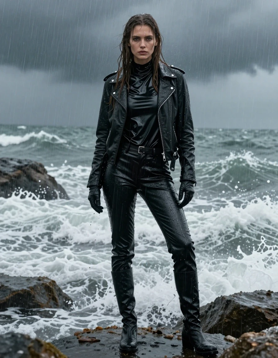 A photorealistic full-body shot of a young adult European woman with long, dripping wet brown hair, standing in a rocky ocean cove during a heavy rainstorm. She is wearing an oversize black vinyl polar neck shirt with a high-gloss, reflective wet sheen, layered under a rugged black biker leather jacket, with black leather gloves on both hands. She wears black leather jeans that are heavily soaked, showing deep saturation and clinging to her legs with heavy folds and realistic wet texture. Her feet are encased in black leather knee-high boots. Waves are splashing around her, drenching her clothing and skin; her skin is glistening with water, and her clothes are saturated, heavy, and clinging to her frame. The atmosphere is moody and dramatic with heavy rain, dark stormy skies, and turbulent water. High-detail photography, 8k, sharp focus on fabric textures and water droplets, cinematic lighting, realistic wetness, no nudity, fully clothed, clean anatomy.