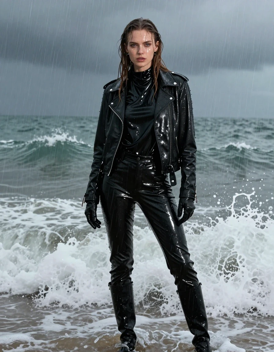 A stunning, photorealistic full-body shot of a young European woman with long, dripping wet brown hair, standing amidst the crashing surf on a beach during a heavy rainstorm. She is wearing an oversize black vinyl polar neck shirt, black vinyl pants, and a black biker-style leather jacket, all drenched and clinging to her body with heavy, dark, water-saturated folds and high-gloss specular reflections from the rain and ocean spray. She is wearing black leather knee-high boots and leather gloves on both hands. The model has visibly wet, glistening skin with water droplets running down her face and limbs. The environment features turbulent ocean waves splashing against her, with heavy rain falling, creating a dark, atmospheric, and moody coastal scene. Cinematic lighting captures the intense wet sheen on the vinyl and leather surfaces, emphasizing the damp fabric texture. The image is strictly non-nude, focusing on high-detail fashion photography, sharp focus, 8k resolution, and realistic water physics.