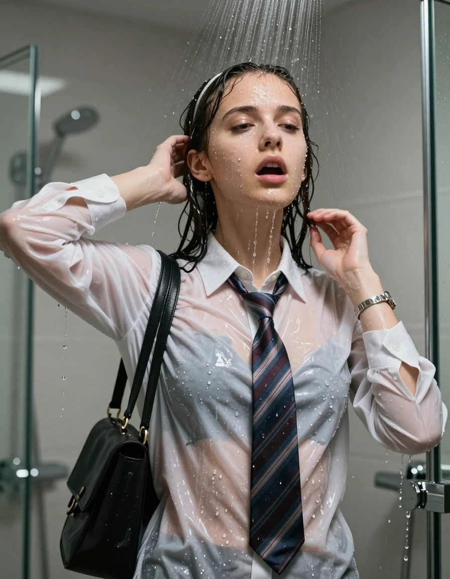 photo of young woman, in soaking wet, drenched clothes,
, , crisp white smart long sleeve shirt, striped tie, shoulderbag, pearl necklace, bracelet, wristwatch, Modern mirrored shower, 
enjoying, wet clothes stuck to body,
detailed textures of the wet clothes, wet face, wet plastered hair,
wet, drenched, professional, high-quality details, full body view.
sharp focus, ultra-high pixel detail, realistic, high-quality, full colors, incredibly detailed, 4k, 8k, 16k, hyper-realistic, RAW photo, masterpiece, ultra-detailed, professionally color graded, professional photograph, hairband

18 years old  teenage girl

One hand in her hair. Looking up. afraid and astonished. open mouth, closed eyes.

A high-quality vertical fashion photograph of a 18-year-old teenage girl standing directly under a heavy, powerful stream of water in a modern shower. She has Sleek shoulder-length, completely saturated and dripping wet hair, with water cascading down her face and neck, creating an intense and exhilarated expression. The lighting is bright and cinematic, highlighting the glistening water droplets on her skin and the saturated texture of her  clothes. The composition is a clear, frontal portrait, capturing the refreshing and powerful sensation of the water flow. The girl is positioned centrally, facing the camera at a mild three-quarter angle, with her face clearly visible. The depicted girl has shoulder-length hair. Show her face clearly toward the camera at a mild three-quarter angle, large enough for a natural portrait face reference.
her clothing is soaking wet and clinging tightly to her skin, showing heavy wet folds, darkened fabric texture, and deep water-saturated Patches, her clothes are heavy from the water, water runs from her body and her clothes in streams. A lot of water also runs out of her clothes. Her clothes are darkened by the water. 
hyper-realistic wetness, high-contrast water sheen, sharp focus, 16k resolution, professional photography, realistic water physics., wet skin, wet clothes, damp fabric, wet skin, wet clothes, damp fabric, wet skin, wet clothes, damp fabric