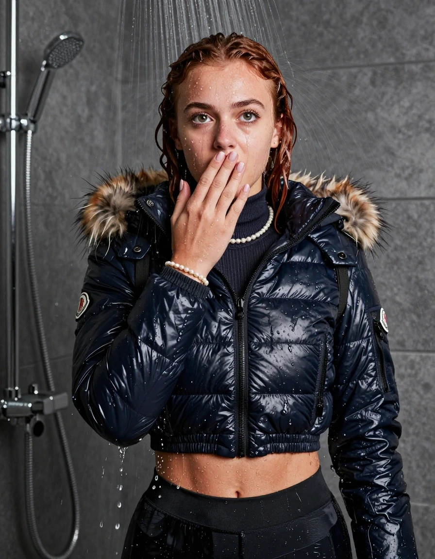 photo of young woman, in soaking wet, drenched clothes,
, , Moncler shiny puffer down jacket with fur, tight turtleneck sweater belly free, shoulderbag, pearl necklace, bracelet, wristwatch, shower, 
enjoying, wet clothes stuck to body,
detailed textures of the wet clothes, wet face, wet plastered hair,
wet, drenched, professional, high-quality details, full body view.
sharp focus, ultra-high pixel detail, realistic, high-quality, full colors, incredibly detailed, 4k, 8k, 16k, hyper-realistic, RAW photo, masterpiece, ultra-detailed, professionally color graded, professional photograph, Braided hair

15 years old  teenage girl

One hand on her mouth. Looking up at camera. horny eyes. afraid and astonished.

A high-quality vertical fashion photograph of a 15-year-old teenage girl standing directly under a heavy, powerful stream of water in a modern shower. She has shoulder-length, completely saturated and dripping wet dark auburn hair, with water cascading down her face and neck, creating an intense and exhilarated expression. The lighting is bright and cinematic, highlighting the glistening water droplets on her skin and the saturated texture of her gym clothes. The composition is a clear, frontal portrait, capturing the refreshing and powerful sensation of the water flow. The girl is positioned centrally, facing the camera at a mild three-quarter angle, with her face clearly visible. The depicted girl has shoulder-length dark auburn hair. Show her face clearly toward the camera at a mild three-quarter angle, large enough for a natural portrait face reference.
her clothing is soaking wet and clinging tightly to her skin, showing heavy wet folds, darkened fabric texture, and deep water-saturated Patches, her clothes are heavy from the water, water runs from her body and her clothes in streams. A lot of water also runs out of her clothes. Her clothes are darkened by the water. 
hyper-realistic wetness, high-contrast water sheen, sharp focus, 16k resolution, professional photography, realistic water physics., wet skin, wet clothes, damp fabric