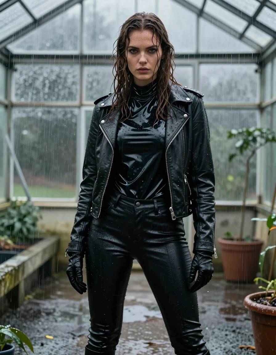 A photorealistic medium shot of a young adult European woman with long, dripping wet brown hair, standing in a leaking greenhouse during a heavy rainstorm. She is wearing an oversize black vinyl polar neck shirt with a high-gloss, reflective finish, layered beneath a rugged black biker leather jacket, paired with tight black leather jeans that cling to her legs, and black leather knee-high boots. She wears black leather gloves on both hands. Her skin is glistening with rainwater, her hair is matted and heavy, and her clothes are saturated, clinging to her frame with realistic damp fabric folds and deep, dark tones. The greenhouse environment is filled with rain-streaked glass, water dripping from overhead structures, and a moody, atmospheric lighting setup that emphasizes the wet sheen on her skin and the high-contrast textures of the leather, vinyl, and wet fabric. The scene is captured with sharp focus on the water droplets and material textures, ensuring a high-fidelity, non-nude, realistic portrayal of a person caught in a downpour.