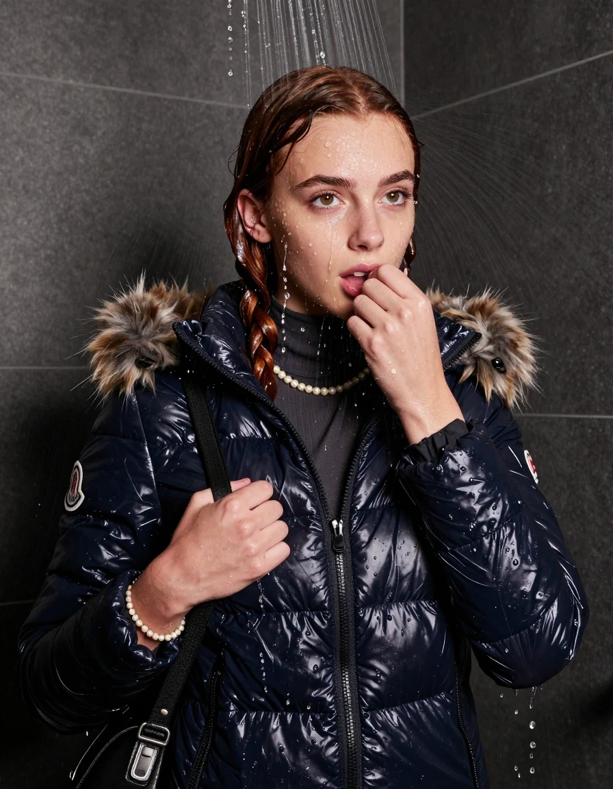 photo of young woman, in soaking wet, drenched clothes,
, , Moncler shiny puffer down jacket with fur, tight turtleneck sweater belly free, shoulderbag, pearl necklace, bracelet, wristwatch, shower, 
enjoying, wet clothes stuck to body,
detailed textures of the wet clothes, wet face, wet plastered hair,
wet, drenched, professional, high-quality details, full body view.
sharp focus, ultra-high pixel detail, realistic, high-quality, full colors, incredibly detailed, 4k, 8k, 16k, hyper-realistic, RAW photo, masterpiece, ultra-detailed, professionally color graded, professional photograph, Braided hair

15 years old  teenage girl

Looking up at camera, hold with a hand the other the viewer's hand, pulling them toward the center of the water. One hand on her mouth. Whole body and shoulders are submerged under the surface. Looking up at camera. horny eyes.

A high-quality vertical fashion photograph of a 15-year-old teenage girl standing directly under a heavy, powerful stream of water in a modern shower. She has shoulder-length, completely saturated and dripping wet dark auburn hair, with water cascading down her face and neck, creating an intense and exhilarated expression. The lighting is bright and cinematic, highlighting the glistening water droplets on her skin and the saturated texture of her gym clothes. The composition is a clear, frontal portrait, capturing the refreshing and powerful sensation of the water flow. The girl is positioned centrally, facing the camera at a mild three-quarter angle, with her face clearly visible. The depicted girl has shoulder-length dark auburn hair. Show her face clearly toward the camera at a mild three-quarter angle, large enough for a natural portrait face reference.
her clothing is soaking wet and clinging tightly to her skin, showing heavy wet folds, darkened fabric texture, and deep water-saturated Patches, her clothes are heavy from the water, water runs from her body and her clothes in streams. A lot of water also runs out of her clothes. Her clothes are darkened by the water. 
hyper-realistic wetness, high-contrast water sheen, sharp focus, 16k resolution, professional photography, realistic water physics., wet skin, wet clothes, damp fabric