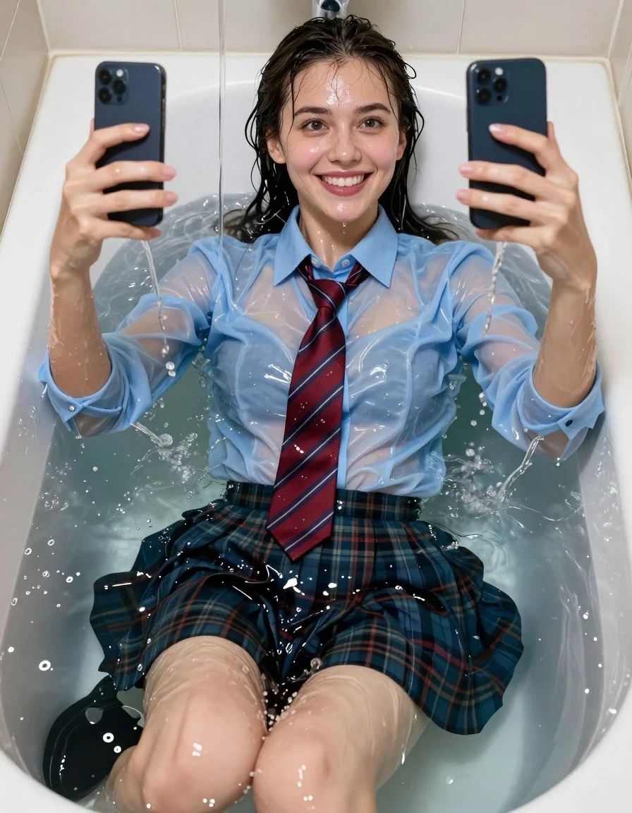 A photorealistic medium shot of a young adult European woman with big beautiful eyes, smiling brightly while taking a selfie with a smartphone. She is fully submerged in a bath overflowing with water, with a dramatic cascade of water pouring over her. Her hair is dripping wet and plastered to her face and shoulders. She is wearing a long-sleeve crisp, starched, smart pale blue shirt that is translucent and clinging to her skin from being completely soaked, and a striped red tie that is saturated and dark with water. She wears a tartan skirt that is heavy with water, clinging to her frame with deep, dark, wet fabric textures. On her feet are black socks and black shoes, both heavily soaked, dripping, and reflecting the bathroom light. The scene is hyper-detailed, capturing the sheen of wet skin, the heavy folds of the saturated garments, and the chaotic movement of splashing water. High-contrast lighting, sharp focus on her face and the texture of the wet clothing, cinematic photographic style, 8k resolution, realistic water physics.