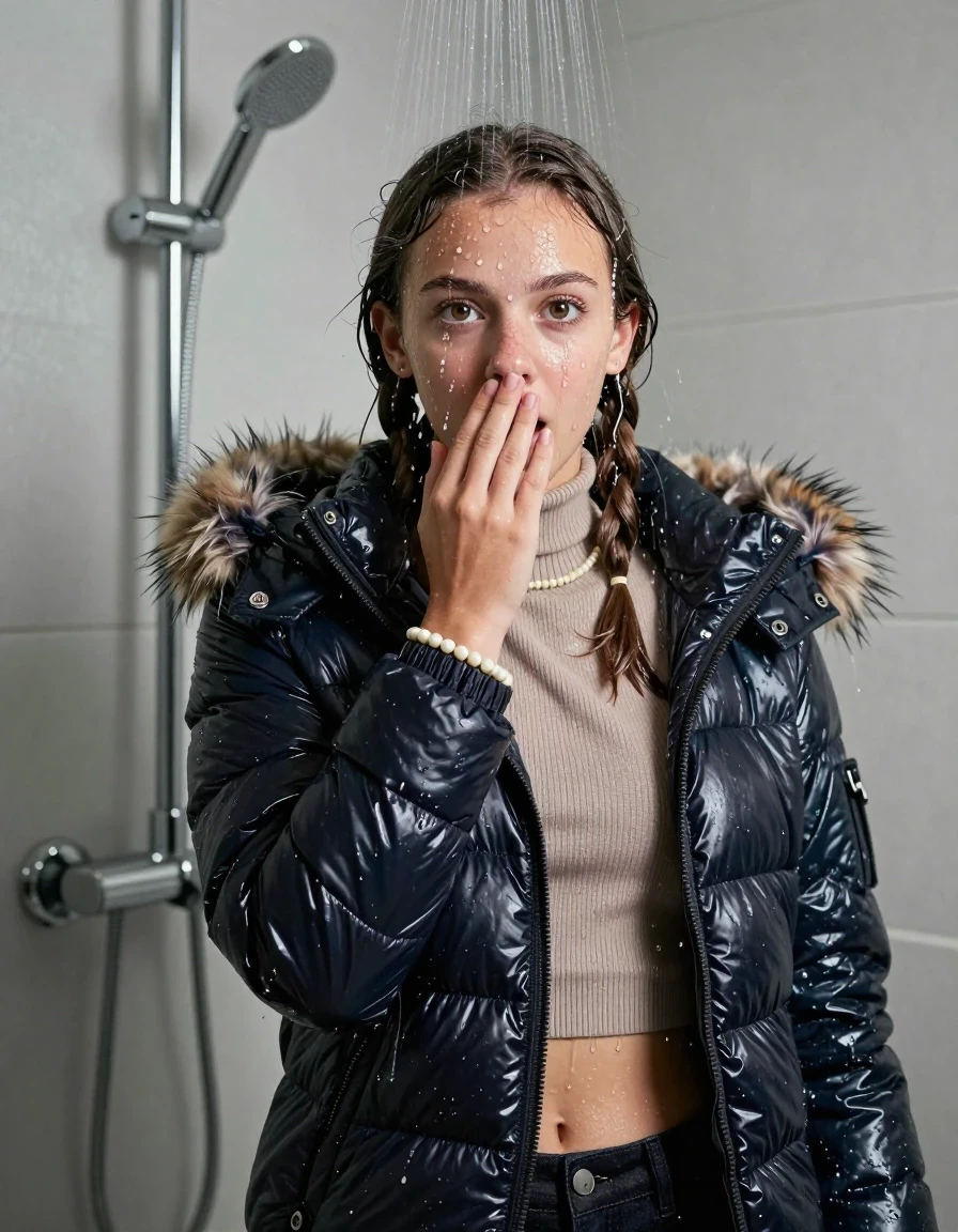 photo of young woman, in soaking wet, drenched clothes,
, , Moncler shiny puffer down jacket with fur, Open jacket, tight knit turtleneck sweater belly free, shoulderbag, pearl necklace, bracelet, wristwatch, Modern mirrored shower, 
enjoying, wet clothes stuck to body,
detailed textures of the wet clothes, wet face, wet plastered hair,
wet, drenched, professional, high-quality details, full body view.
sharp focus, ultra-high pixel detail, realistic, high-quality, full colors, incredibly detailed, 4k, 8k, 16k, hyper-realistic, RAW photo, masterpiece, ultra-detailed, professionally color graded, professional photograph, Pigtails

15 years old  teenage girl

One hand in front of her nose. Looking at camera. horny eyes. afraid and astonished. open mouth, big eyes.

A high-quality vertical fashion photograph of a 15-year-old teenage girl standing directly under a heavy, powerful stream of water in a modern shower. She has Sleek shoulder-length, completely saturated and dripping wet hair, with water cascading down her face and neck, creating an intense and exhilarated expression. The lighting is bright and cinematic, highlighting the glistening water droplets on her skin and the saturated texture of her  casual clothes. The composition is a clear, frontal portrait, capturing the refreshing and powerful sensation of the water flow. The girl is positioned centrally, facing the camera at a mild three-quarter angle, with her face clearly visible. The depicted girl has shoulder-length hair. Show her face clearly toward the camera at a mild three-quarter angle, large enough for a natural portrait face reference.
her clothing is soaking wet and clinging tightly to her skin, showing heavy wet folds, darkened fabric texture, and deep water-saturated Patches, her clothes are heavy from the water, water runs from her body and her clothes in streams. A lot of water also runs out of her clothes. Her clothes are darkened by the water. 
hyper-realistic wetness, high-contrast water sheen, sharp focus, 16k resolution, professional photography, realistic water physics., wet skin, wet clothes, damp fabric, wet skin, wet clothes, damp fabric