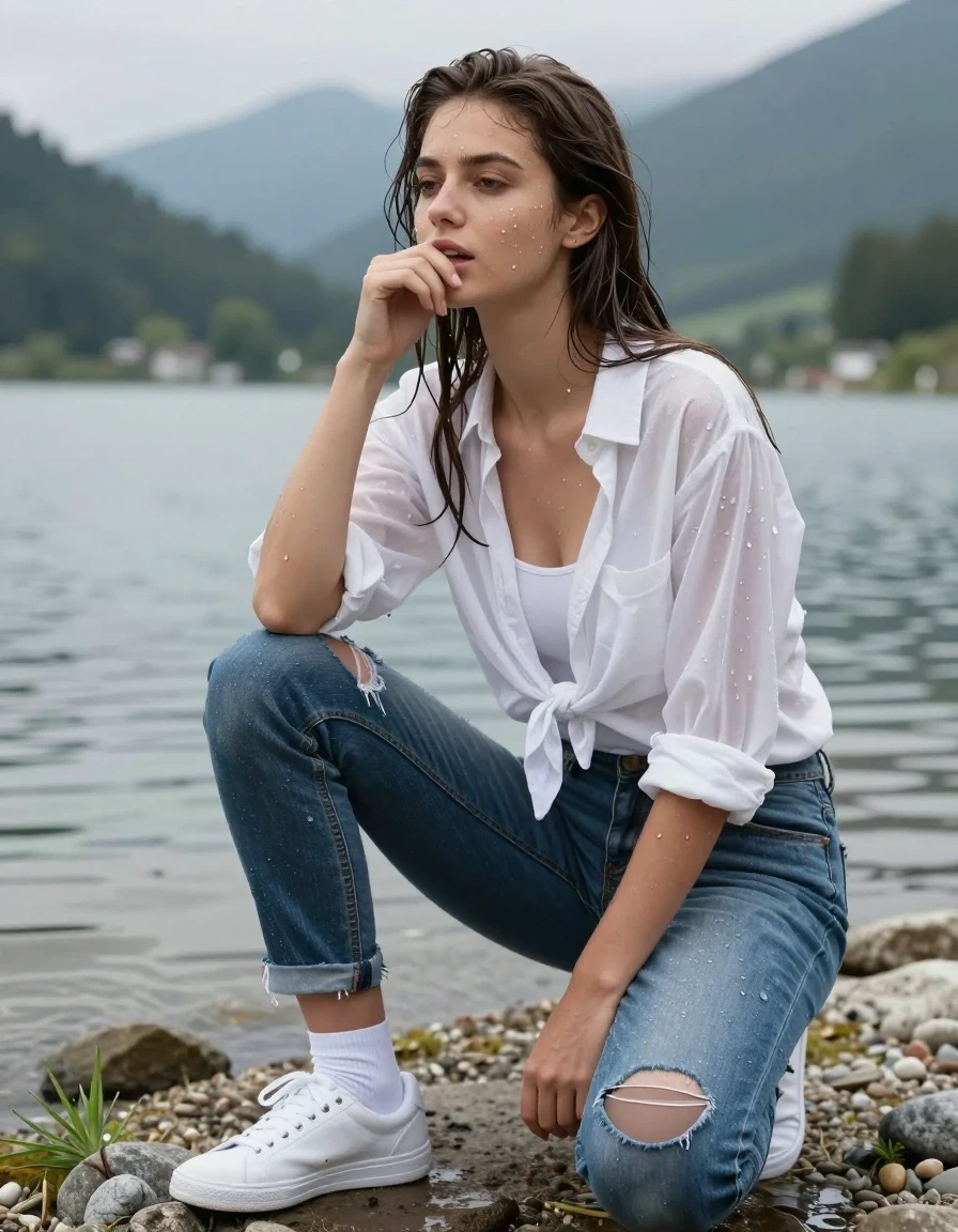 photo of young woman, in soaking wet, drenched clothes,
White sneakers andshort white socks, clearly visible black pantyhose under ripped blue jeans, white leotard under white knotted blouse, beachfront of a mountain lake, 
enjoying, wet clothes stuck to body,
detailed textures of the wet clothes, wet face, wet plastered hair,
wet, drenched, professional, high-quality details, full body view.
sharp focus, ultra-high pixel detail, realistic, high-quality, full colors, incredibly detailed, 4k, 8k, 16k, hyper-realistic, RAW photo, masterpiece, ultra-detailed, professionally color graded, professional photograph, wet skin, wet clothes, damp fabric