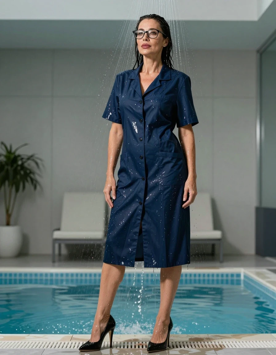 photo of young woman, in soaking wet, drenched clothes,
black high-heeled shoes, maxi dark blue labcoat, maxi dark blue labcoat with short sleeves, under shower after bath in indoor pool, enjoying wet clothes stuck body, enjoying, wet clothes stuck to body, 
enjoying, wet clothes stuck to body,
detailed textures of the wet clothes, wet face, wet plastered hair,
wet, drenched, professional, high-quality details, full body view.
sharp focus, ultra-high pixel detail, realistic, high-quality, full colors, incredibly detailed, 4k, 8k, 16k, hyper-realistic, RAW photo, masterpiece, ultra-detailed, professionally color graded, professional photograph, europen brunette skinny woman 50 years old, long dark black hair, office glasses, very big and thick lips, complete body, wet skin, wet clothes, damp fabric, wet skin, wet clothes, damp fabric, wet skin, wet clothes, damp fabric, wet skin, wet clothes, damp fabric, wet skin, wet clothes, damp fabric, wet skin, wet clothes, damp fabric, wet skin, wet clothes, damp fabric