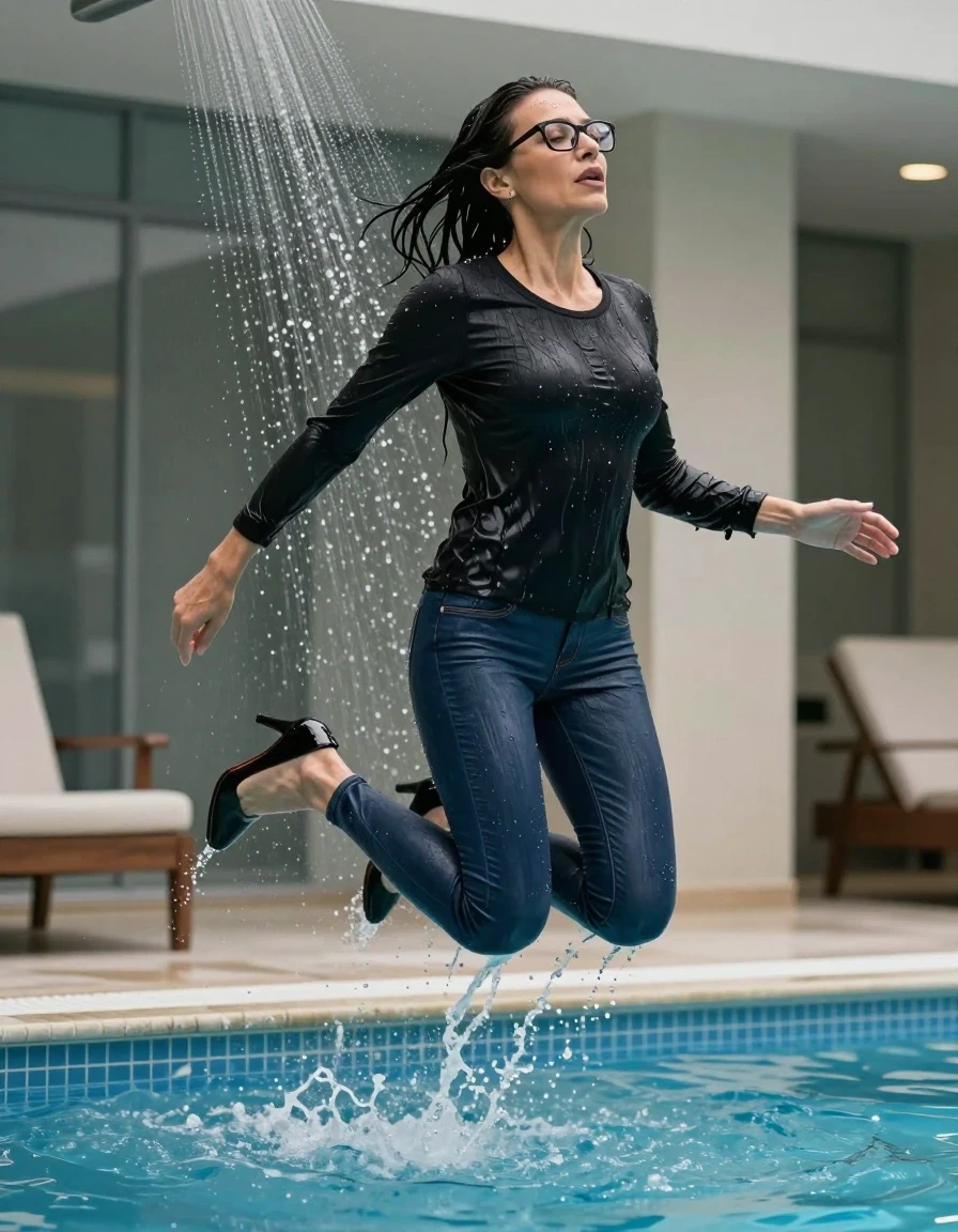 photo of young woman, in soaking wet, drenched clothes,
black high-heeled shoes, long dark blue leather jeans, long black sweater, jumping in pool under shower after bath in indoor pool, enjoying wet clothes stuck body, enjoying, wet clothes stuck to body, 
enjoying, wet clothes stuck to body,
detailed textures of the wet clothes, wet face, wet plastered hair,
wet, drenched, professional, high-quality details, full body view.
sharp focus, ultra-high pixel detail, realistic, high-quality, full colors, incredibly detailed, 4k, 8k, 16k, hyper-realistic, RAW photo, masterpiece, ultra-detailed, professionally color graded, professional photograph, europen brunette skinny woman 50 years old, long dark black hair, office glasses, very big and thick lips, complete body, wet skin, wet clothes, damp fabric, wet skin, wet clothes, damp fabric, wet skin, wet clothes, damp fabric, wet skin, wet clothes, damp fabric, wet skin, wet clothes, damp fabric, wet skin, wet clothes, damp fabric, wet skin, wet clothes, damp fabric