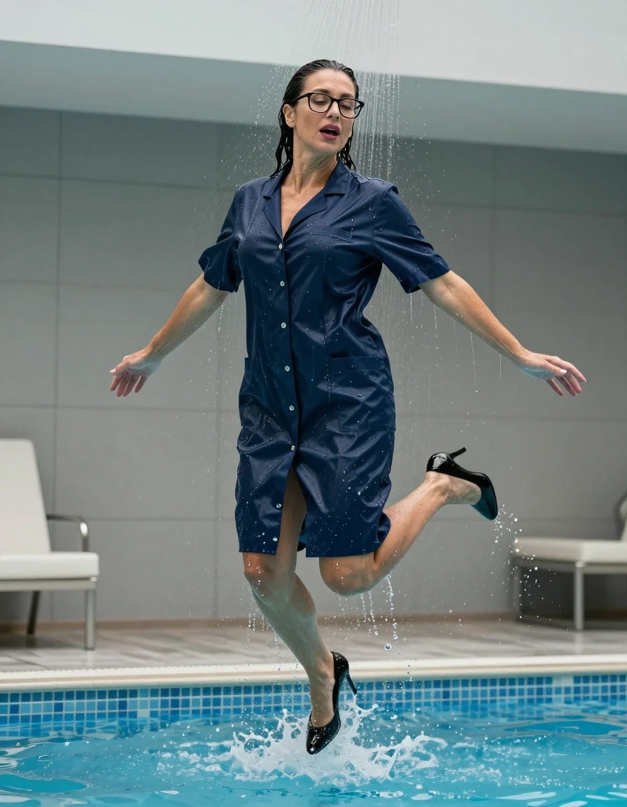 photo of young woman, in soaking wet, drenched clothes,
black high-heeled shoes, maxi dark blue labcoat, maxi dark blue labcoat with short sleeves, jumping in pool under shower after bath in indoor pool, enjoying wet clothes stuck body, enjoying, wet clothes stuck to body, 
enjoying, wet clothes stuck to body,
detailed textures of the wet clothes, wet face, wet plastered hair,
wet, drenched, professional, high-quality details, full body view.
sharp focus, ultra-high pixel detail, realistic, high-quality, full colors, incredibly detailed, 4k, 8k, 16k, hyper-realistic, RAW photo, masterpiece, ultra-detailed, professionally color graded, professional photograph, europen brunette skinny woman 50 years old, long dark black hair, office glasses, very big and thick lips, complete body, wet skin, wet clothes, damp fabric, wet skin, wet clothes, damp fabric, wet skin, wet clothes, damp fabric, wet skin, wet clothes, damp fabric, wet skin, wet clothes, damp fabric, wet skin, wet clothes, damp fabric, wet skin, wet clothes, damp fabric