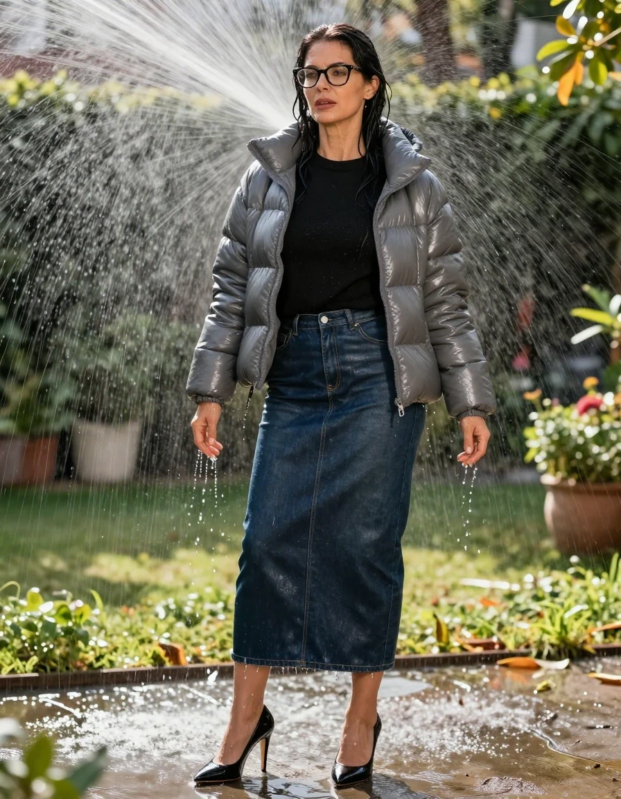 photo of young woman, in soaking wet, drenched clothes,
black high-heeled shoes, maxi dark blue leather denim skirt, black sweater,  gray maxi shiny puffer down jacket, under sprinklers in sunny garden, enjoying wet clothes stuck body, enjoying, wet clothes stuck to body, 
enjoying, wet clothes stuck to body,
detailed textures of the wet clothes, wet face, wet plastered hair,
wet, drenched, professional, high-quality details, full body view.
sharp focus, ultra-high pixel detail, realistic, high-quality, full colors, incredibly detailed, 4k, 8k, 16k, hyper-realistic, RAW photo, masterpiece, ultra-detailed, professionally color graded, professional photograph, europen brunette skinny woman 50 years old, long dark black hair, office glasses, very big and thick lips, complete body, wet skin, wet clothes, damp fabric, wet skin, wet clothes, damp fabric, wet skin, wet clothes, damp fabric, wet skin, wet clothes, damp fabric, wet skin, wet clothes, damp fabric, wet skin, wet clothes, damp fabric, wet skin, wet clothes, damp fabric