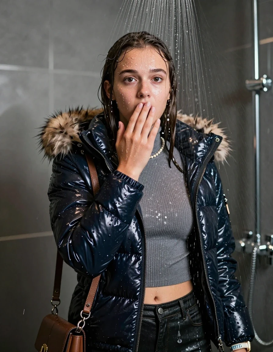 photo of young woman, in soaking wet, drenched clothes,
, , Moncler shiny puffer down jacket with fur, Open jacket, tight knit turtleneck sweater belly free, shoulderbag, pearl necklace, bracelet, wristwatch, Modern mirrored shower, 
enjoying, wet clothes stuck to body,
detailed textures of the wet clothes, wet face, wet plastered hair,
wet, drenched, professional, high-quality details, full body view.
sharp focus, ultra-high pixel detail, realistic, high-quality, full colors, incredibly detailed, 4k, 8k, 16k, hyper-realistic, RAW photo, masterpiece, ultra-detailed, professionally color graded, professional photograph, A high-quality vertical fashion photograph of a 15-year-old teenage girl standing directly under a heavy, powerful stream of water in a modern shower. She has Sleek  straight shoulder-length, completely saturated and dripping wet hair, with water cascading down her face and neck, creating an afraid and astonished expression. She hold a hand on her mouth. The lighting is bright and cinematic, highlighting the glistening water droplets on her skin and the saturated texture of her  casual clothes. The composition is a clear, frontal portrait, capturing the refreshing and powerful sensation of the water flow. The girl is positioned centrally, facing the camera at a mild three-quarter angle, with her face clearly visible. The depicted girl has shoulder-length hair. Show her face clearly toward the camera at a mild three-quarter angle, large enough for a natural portrait face reference.
her clothing is soaking wet and clinging tightly to her skin, showing heavy wet folds, darkened fabric texture, and deep water-saturated Patches, her clothes are heavy from the water, water runs from her body and her clothes in streams. A lot of water also runs out of her clothes. Her clothes are darkened by the water. 
hyper-realistic wetness, high-contrast water sheen, sharp focus, 16k resolution, professional photography, realistic water physics., wet skin, wet clothes, damp fabric, wet skin, wet clothes, damp fabric, wet skin, wet clothes, damp fabric