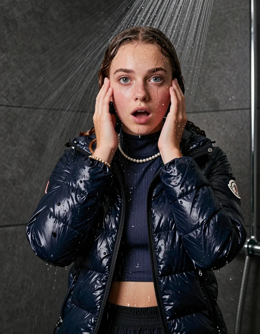 photo of young woman, in soaking wet, drenched clothes,
, , Moncler shiny puffer down jacket, Open jacket, tight knit turtleneck sweater belly free, shoulderbag, pearl necklace, bracelet, wristwatch, shower, 
enjoying, wet clothes stuck to body,
detailed textures of the wet clothes, wet face, wet plastered hair,
wet, drenched, professional, high-quality details, full body view.
sharp focus, ultra-high pixel detail, realistic, high-quality, full colors, incredibly detailed, 4k, 8k, 16k, hyper-realistic, RAW photo, masterpiece, ultra-detailed, professionally color graded, professional photograph, Pigtails

15 years old  teenage girl

One hand on her face. Looking at camera. horny eyes. afraid and astonished. open mouth, big eyes.

A high-quality vertical fashion photograph of a 15-year-old teenage girl standing directly under a heavy, powerful stream of water in a modern shower. She has Sleek shoulder-length, completely saturated and dripping wet hair, with water cascading down her face and neck, creating an intense and exhilarated expression. The lighting is bright and cinematic, highlighting the glistening water droplets on her skin and the saturated texture of her gym clothes. The composition is a clear, frontal portrait, capturing the refreshing and powerful sensation of the water flow. The girl is positioned centrally, facing the camera at a mild three-quarter angle, with her face clearly visible. The depicted girl has shoulder-length dark auburn hair. Show her face clearly toward the camera at a mild three-quarter angle, large enough for a natural portrait face reference.
her clothing is soaking wet and clinging tightly to her skin, showing heavy wet folds, darkened fabric texture, and deep water-saturated Patches, her clothes are heavy from the water, water runs from her body and her clothes in streams. A lot of water also runs out of her clothes. Her clothes are darkened by the water. 
hyper-realistic wetness, high-contrast water sheen, sharp focus, 16k resolution, professional photography, realistic water physics., wet skin, wet clothes, damp fabric, wet skin, wet clothes, damp fabric