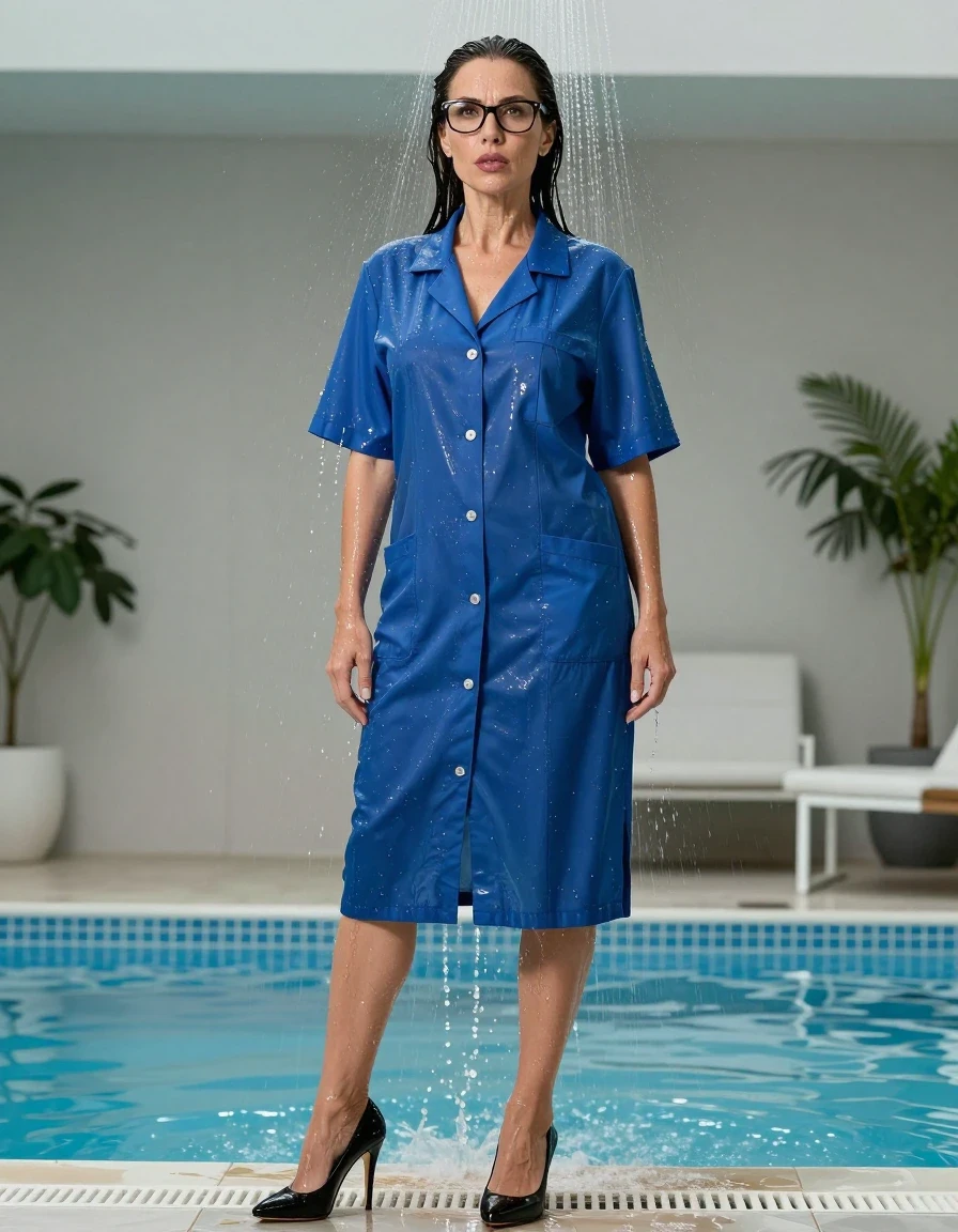 photo of young woman, in soaking wet, drenched clothes,
black high-heeled shoes, maxi blue labcoat, maxi blue labcoat with short sleeves, under shower after bath in indoor pool, enjoying wet clothes stuck body, enjoying, wet clothes stuck to body, 
enjoying, wet clothes stuck to body,
detailed textures of the wet clothes, wet face, wet plastered hair,
wet, drenched, professional, high-quality details, full body view.
sharp focus, ultra-high pixel detail, realistic, high-quality, full colors, incredibly detailed, 4k, 8k, 16k, hyper-realistic, RAW photo, masterpiece, ultra-detailed, professionally color graded, professional photograph, europen brunette skinny woman 50 years old, long dark black hair, office glasses, very big and thick lips, complete body, wet skin, wet clothes, damp fabric, wet skin, wet clothes, damp fabric, wet skin, wet clothes, damp fabric, wet skin, wet clothes, damp fabric, wet skin, wet clothes, damp fabric, wet skin, wet clothes, damp fabric, wet skin, wet clothes, damp fabric