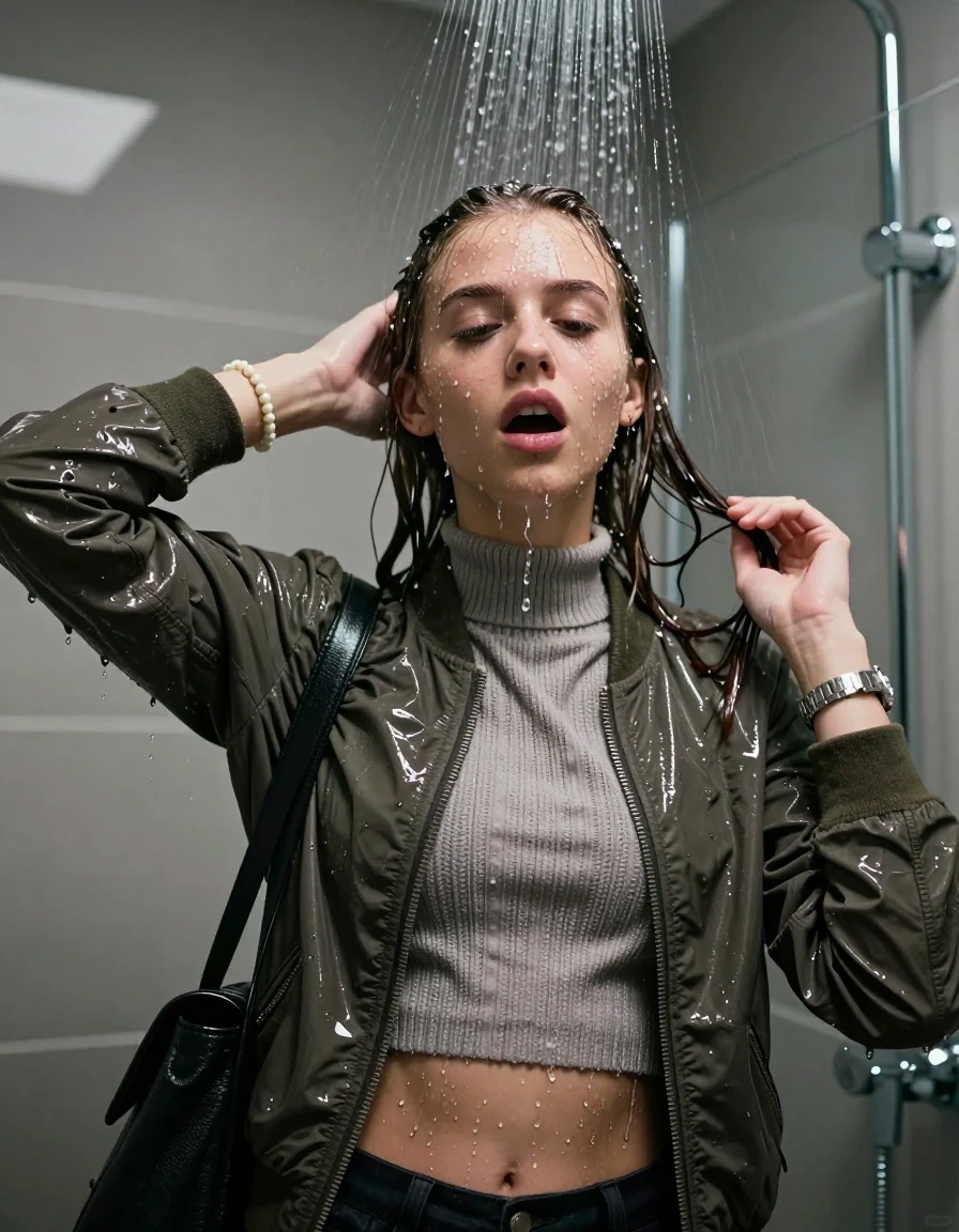 photo of young woman, in soaking wet, drenched clothes,
, , Bomber jacket, knit turtleneck sweater belly free, shoulderbag, pearl necklace, bracelet, wristwatch, Modern mirrored shower, 
enjoying, wet clothes stuck to body,
detailed textures of the wet clothes, wet face, wet plastered hair,
wet, drenched, professional, high-quality details, full body view.
sharp focus, ultra-high pixel detail, realistic, high-quality, full colors, incredibly detailed, 4k, 8k, 16k, hyper-realistic, RAW photo, masterpiece, ultra-detailed, professionally color graded, professional photograph, Pigtails

15 years old  teenage girl

One hand in her hair. Looking up. afraid and astonished. open mouth, closed eyes.

A high-quality vertical fashion photograph of a 15-year-old teenage girl standing directly under a heavy, powerful stream of water in a modern shower. She has Sleek shoulder-length, completely saturated and dripping wet hair, with water cascading down her face and neck, creating an intense and exhilarated expression. The lighting is bright and cinematic, highlighting the glistening water droplets on her skin and the saturated texture of her  clothes. The composition is a clear, frontal portrait, capturing the refreshing and powerful sensation of the water flow. The girl is positioned centrally, facing the camera at a mild three-quarter angle, with her face clearly visible. The depicted girl has shoulder-length hair. Show her face clearly toward the camera at a mild three-quarter angle, large enough for a natural portrait face reference.
her clothing is soaking wet and clinging tightly to her skin, showing heavy wet folds, darkened fabric texture, and deep water-saturated Patches, her clothes are heavy from the water, water runs from her body and her clothes in streams. A lot of water also runs out of her clothes. Her clothes are darkened by the water. 
hyper-realistic wetness, high-contrast water sheen, sharp focus, 16k resolution, professional photography, realistic water physics., wet skin, wet clothes, damp fabric, wet skin, wet clothes, damp fabric