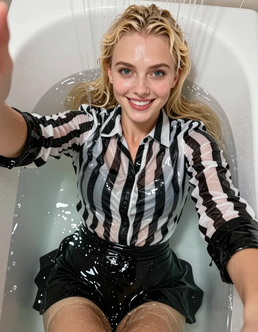 A photorealistic portrait of a young adult European woman with natural blonde hair and big, beautiful, expressive eyes, smiling brightly while taking a selfie. She is fully submerged in a bathtub filled with water, with a dramatic, heavy cascade of water pouring down over her. Her hair is plastered to her head and shoulders, dripping wet. She wears a long-sleeve, crisp, starched, smart black and white striped shirt that is completely soaked, clinging to her skin with deep, dark, saturated fabric, showing heavy wet folds and transparency. She wears a black skirt, also saturated and clinging, along with black socks and black shoes, all dripping wet with strong glossy specular reflections from the water sheen. The scene is captured at close range, highlighting the texture of the wet fabric and the glistening, soaked skin. Cinematic lighting emphasizes the water droplets and the intense wetness of the environment, high-resolution, sharp focus, professional photography.