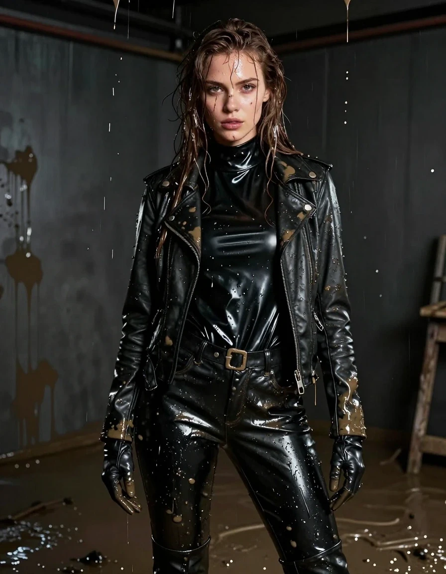 A photorealistic medium shot of a young adult European woman with long, dripping wet brown hair, standing in a dimly lit room. She is completely drenched in thick, viscous mud that drips from the ceiling, coating her skin and clothing. She wears an oversize black vinyl polar neck shirt, black vinyl pants, a black biker's leather jacket, and black leather knee-high boots, with leather gloves on both hands. The vinyl and leather surfaces are heavily saturated, reflecting the environment with a high-gloss wet sheen, while clinging to her form with heavy, damp folds. Her skin is slick and glistening with wetness and mud streaks. The room is dark and industrial, with mud splattered across the walls and floor. Cinematic lighting highlights the texture of the wet materials, the glossy specular reflections on the vinyl and leather, and the viscous quality of the mud. High-detail photography, 8k resolution, sharp focus on skin and fabric textures, realistic wetness, no nudity, clean anatomy.
