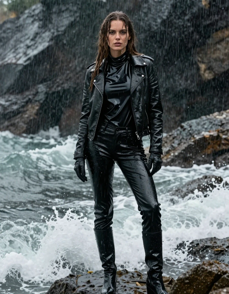 A photorealistic medium shot of a young adult European woman with long, dripping wet brown hair, standing in a rocky ocean cove during a heavy rainstorm. She is wearing an oversize black vinyl polar neck shirt with a high-gloss, reflective wet sheen, layered under a rugged black biker leather jacket, with black leather gloves on her hands. She is dressed in black leather jeans that appear heavy, soaked, and clinging, with dark, saturated patches and glossy highlights on the folds and creases. Her skin is drenched, with water droplets streaming down her face and neck. The ocean waves are actively crashing against her, splashing water and foam around her legs and boots. She is wearing black leather knee-high boots that are slick and wet. The lighting is moody and overcast, emphasizing the high-contrast textures of the wet leather, vinyl, and skin. The atmosphere is intense, with heavy rain falling through the air. The image is captured with professional cinematic photography, sharp focus on textures, 8k resolution, highly detailed wet fabric, and realistic water physics.