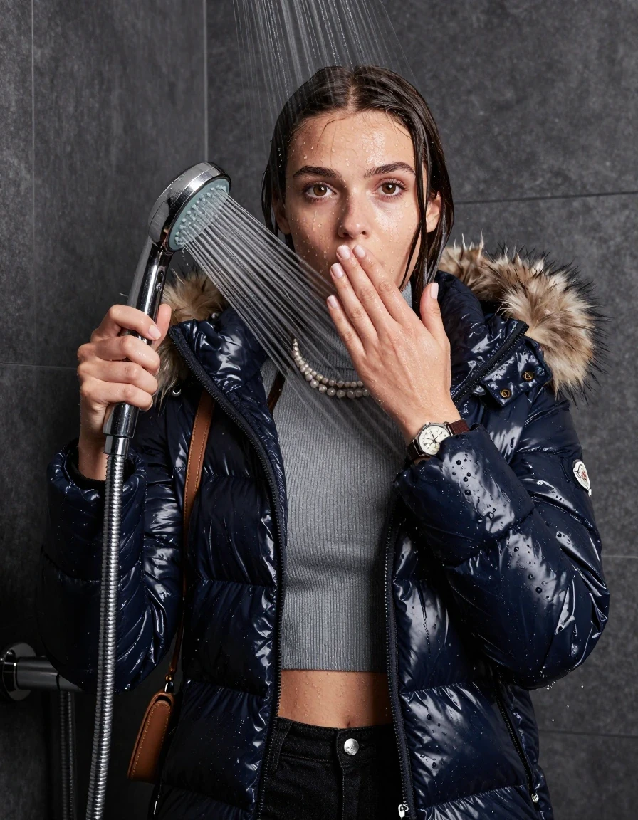 photo of young woman, in soaking wet, drenched clothes,
, , Moncler shiny puffer down jacket with fur, Open jacket, tight knit turtleneck sweater belly free, shoulderbag, pearl necklace, bracelet, wristwatch, shower, 
enjoying, wet clothes stuck to body,
detailed textures of the wet clothes, wet face, wet plastered hair,
wet, drenched, professional, high-quality details, full body view.
sharp focus, ultra-high pixel detail, realistic, high-quality, full colors, incredibly detailed, 4k, 8k, 16k, hyper-realistic, RAW photo, masterpiece, ultra-detailed, professionally color graded, professional photograph, A high-quality vertical fashion photograph of a teenage girl standing directly under a heavy, powerful stream of water in a modern shower. She has Sleek  straight shoulder-length, completely saturated and dripping wet hair, with water cascading down her face and neck, creating an astonished expression. She hold a hand over her mouth. She holds a second shower head with a strong jet of water against her body. The lighting is bright and cinematic, highlighting the glistening water droplets on her skin and the saturated texture of her  casual clothes. The composition is a clear, frontal portrait, capturing the refreshing and powerful sensation of the water flow. The girl is positioned centrally, facing the camera at a mild three-quarter angle, with her face clearly visible. The depicted girl has brunette hair with a collarbone bob. Show her face clearly toward the camera at a mild three-quarter angle, large enough for a natural portrait face reference.
her clothing is soaking wet and clinging tightly to her skin, showing heavy wet folds, darkened fabric texture, and deep water-saturated Patches, her clothes are heavy from the water, water runs from her body and her clothes in streams. A lot of water also runs out of her clothes. Her clothes are darkened by the water. 
hyper-realistic wetness, high-contrast water sheen, sharp focus, 16k resolution, professional photography, realistic water physics., wet skin, wet clothes, damp fabric, wet skin, wet clothes, damp fabric, wet skin, wet clothes, damp fabric, wet skin, wet clothes, damp fabric