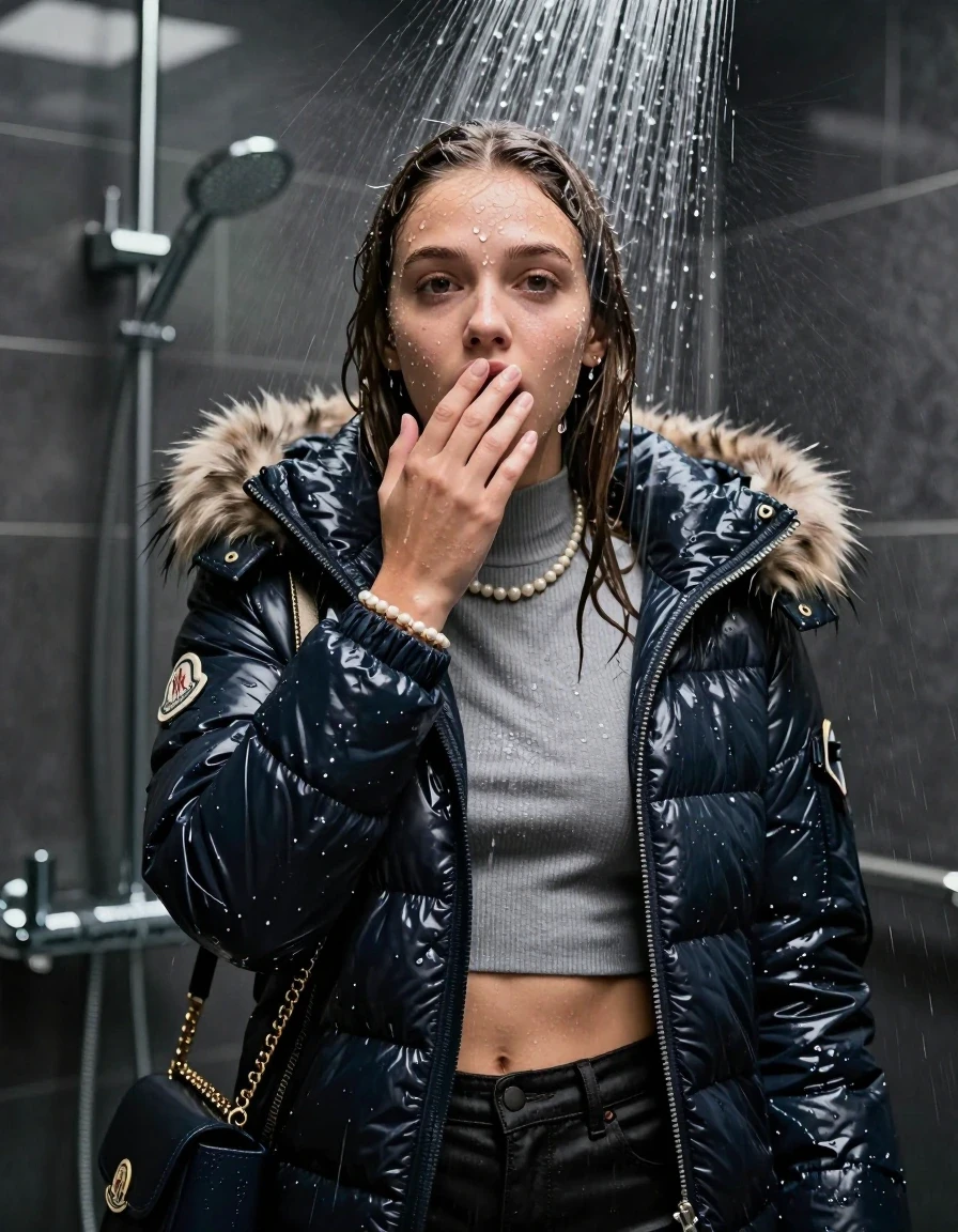 photo of young woman, in soaking wet, drenched clothes,
, , Moncler shiny puffer down jacket with fur, Open jacket, tight knit turtleneck sweater belly free, shoulderbag, pearl necklace, bracelet, wristwatch, Modern mirrored shower, 
enjoying, wet clothes stuck to body,
detailed textures of the wet clothes, wet face, wet plastered hair,
wet, drenched, professional, high-quality details, full body view.
sharp focus, ultra-high pixel detail, realistic, high-quality, full colors, incredibly detailed, 4k, 8k, 16k, hyper-realistic, RAW photo, masterpiece, ultra-detailed, professionally color graded, professional photograph, A high-quality vertical fashion photograph of a 15-year-old teenage girl standing directly under a heavy, powerful stream of water in a modern shower. She has Sleek  straight shoulder-length, completely saturated and dripping wet hair, with water cascading down her face and neck, creating an afraid and astonished expression. She hold a hand on her mouth. The lighting is bright and cinematic, highlighting the glistening water droplets on her skin and the saturated texture of her  casual clothes. The composition is a clear, frontal portrait, capturing the refreshing and powerful sensation of the water flow. The girl is positioned centrally, facing the camera at a mild three-quarter angle, with her face clearly visible. The depicted girl has shoulder-length hair. Show her face clearly toward the camera at a mild three-quarter angle, large enough for a natural portrait face reference.
her clothing is soaking wet and clinging tightly to her skin, showing heavy wet folds, darkened fabric texture, and deep water-saturated Patches, her clothes are heavy from the water, water runs from her body and her clothes in streams. A lot of water also runs out of her clothes. Her clothes are darkened by the water. 
hyper-realistic wetness, high-contrast water sheen, sharp focus, 16k resolution, professional photography, realistic water physics., wet skin, wet clothes, damp fabric, wet skin, wet clothes, damp fabric, wet skin, wet clothes, damp fabric, wet skin, wet clothes, damp fabric