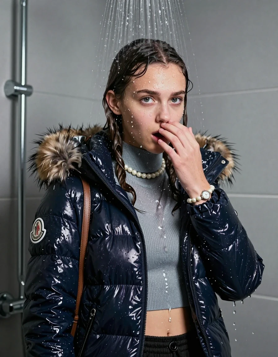 photo of young woman, in soaking wet, drenched clothes,
, , Moncler shiny puffer down jacket with fur, Open jacket, tight knit turtleneck sweater belly free, shoulderbag, pearl necklace, bracelet, wristwatch, Modern mirrored shower, 
enjoying, wet clothes stuck to body,
detailed textures of the wet clothes, wet face, wet plastered hair,
wet, drenched, professional, high-quality details, full body view.
sharp focus, ultra-high pixel detail, realistic, high-quality, full colors, incredibly detailed, 4k, 8k, 16k, hyper-realistic, RAW photo, masterpiece, ultra-detailed, professionally color graded, professional photograph, Pigtails

15 years old  teenage girl

One hand in front of her nose. Looking down. horny eyes. afraid and astonished. open mouth, big eyes.

A high-quality vertical fashion photograph of a 15-year-old teenage girl standing directly under a heavy, powerful stream of water in a modern shower. She has Sleek shoulder-length, completely saturated and dripping wet hair, with water cascading down her face and neck, creating an intense and exhilarated expression. The lighting is bright and cinematic, highlighting the glistening water droplets on her skin and the saturated texture of her  casual clothes. The composition is a clear, frontal portrait, capturing the refreshing and powerful sensation of the water flow. The girl is positioned centrally, facing the camera at a mild three-quarter angle, with her face clearly visible. The depicted girl has shoulder-length hair. Show her face clearly toward the camera at a mild three-quarter angle, large enough for a natural portrait face reference.
her clothing is soaking wet and clinging tightly to her skin, showing heavy wet folds, darkened fabric texture, and deep water-saturated Patches, her clothes are heavy from the water, water runs from her body and her clothes in streams. A lot of water also runs out of her clothes. Her clothes are darkened by the water. 
hyper-realistic wetness, high-contrast water sheen, sharp focus, 16k resolution, professional photography, realistic water physics., wet skin, wet clothes, damp fabric, wet skin, wet clothes, damp fabric