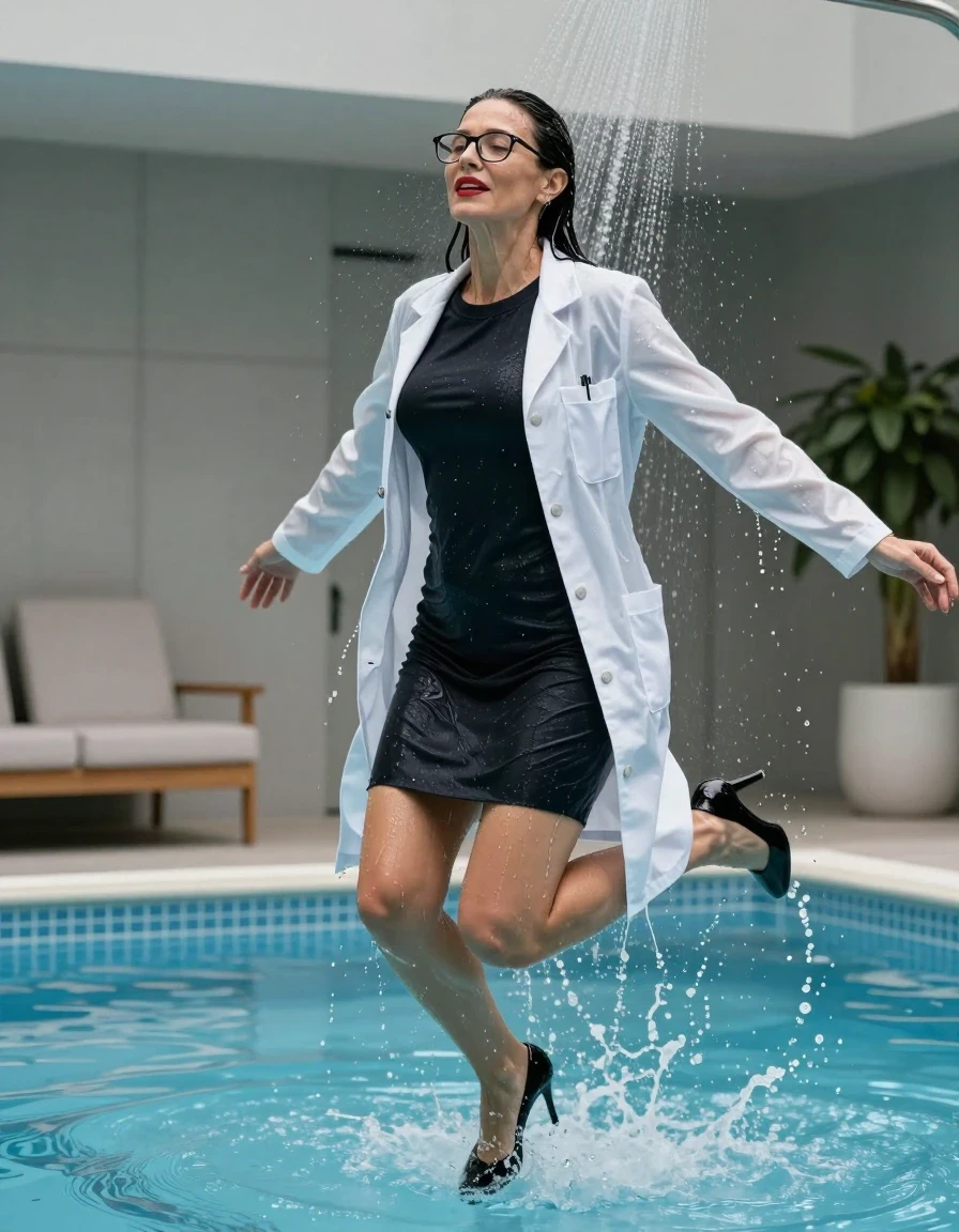 photo of young woman, in soaking wet, drenched clothes,
black high-heeled shoes, black sweater dress, black sweater dress, white labcoat, jumping in pool under shower after bath in indoor pool, enjoying wet clothes stuck body, enjoying, wet clothes stuck to body, 
enjoying, wet clothes stuck to body,
detailed textures of the wet clothes, wet face, wet plastered hair,
wet, drenched, professional, high-quality details, full body view.
sharp focus, ultra-high pixel detail, realistic, high-quality, full colors, incredibly detailed, 4k, 8k, 16k, hyper-realistic, RAW photo, masterpiece, ultra-detailed, professionally color graded, professional photograph, europen brunette skinny woman 50 years old, long dark black hair, office glasses, very big and thick lips, complete body, wet skin, wet clothes, damp fabric, wet skin, wet clothes, damp fabric, wet skin, wet clothes, damp fabric, wet skin, wet clothes, damp fabric, wet skin, wet clothes, damp fabric, wet skin, wet clothes, damp fabric, wet skin, wet clothes, damp fabric