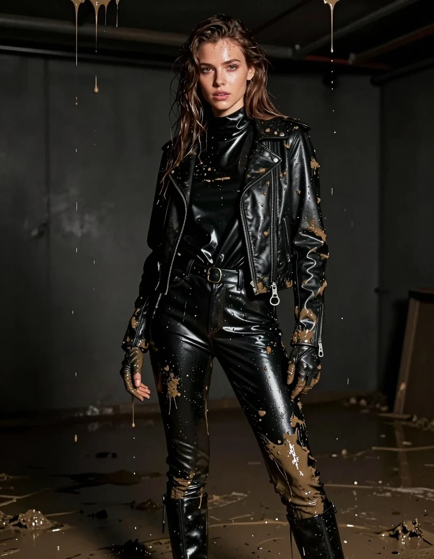 A photorealistic full-body portrait of a young adult European woman with long, dripping wet brown hair, standing in a dimly lit room. She is completely drenched in thick, viscous mud that drips from the ceiling and coats her skin and clothes. She wears an oversize black vinyl polar neck shirt, black vinyl pants, and a black biker's leather jacket, all heavily saturated with mud and moisture, creating a dark, glossy, and clinging texture. She wears black leather knee-high boots and matching leather gloves on both hands. Her skin and clothing exhibit a heavy, realistic wet sheen, with water and mud streaks clinging to the fabric folds and skin surfaces. The environment is dark and moody, with mud splatters and drips creating a gritty, atmospheric scene. High-contrast lighting highlights the textures of the wet vinyl, leather, and mud. The image is captured with sharp focus, emphasizing the intricate details of the saturated materials and the glistening wetness. No nudity, clean anatomy, non-suggestive pose.