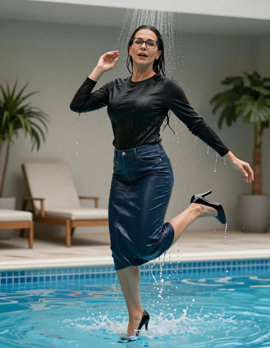 photo of young woman, in soaking wet, drenched clothes,
black high-heeled shoes, maxi dark blue leather denim skirt, long black sweater, jumping in pool under shower after bath in indoor pool, enjoying wet clothes stuck body, enjoying, wet clothes stuck to body, 
enjoying, wet clothes stuck to body,
detailed textures of the wet clothes, wet face, wet plastered hair,
wet, drenched, professional, high-quality details, full body view.
sharp focus, ultra-high pixel detail, realistic, high-quality, full colors, incredibly detailed, 4k, 8k, 16k, hyper-realistic, RAW photo, masterpiece, ultra-detailed, professionally color graded, professional photograph, europen brunette skinny woman 50 years old, long dark black hair, office glasses, very big and thick lips, complete body, wet skin, wet clothes, damp fabric, wet skin, wet clothes, damp fabric, wet skin, wet clothes, damp fabric, wet skin, wet clothes, damp fabric, wet skin, wet clothes, damp fabric, wet skin, wet clothes, damp fabric, wet skin, wet clothes, damp fabric