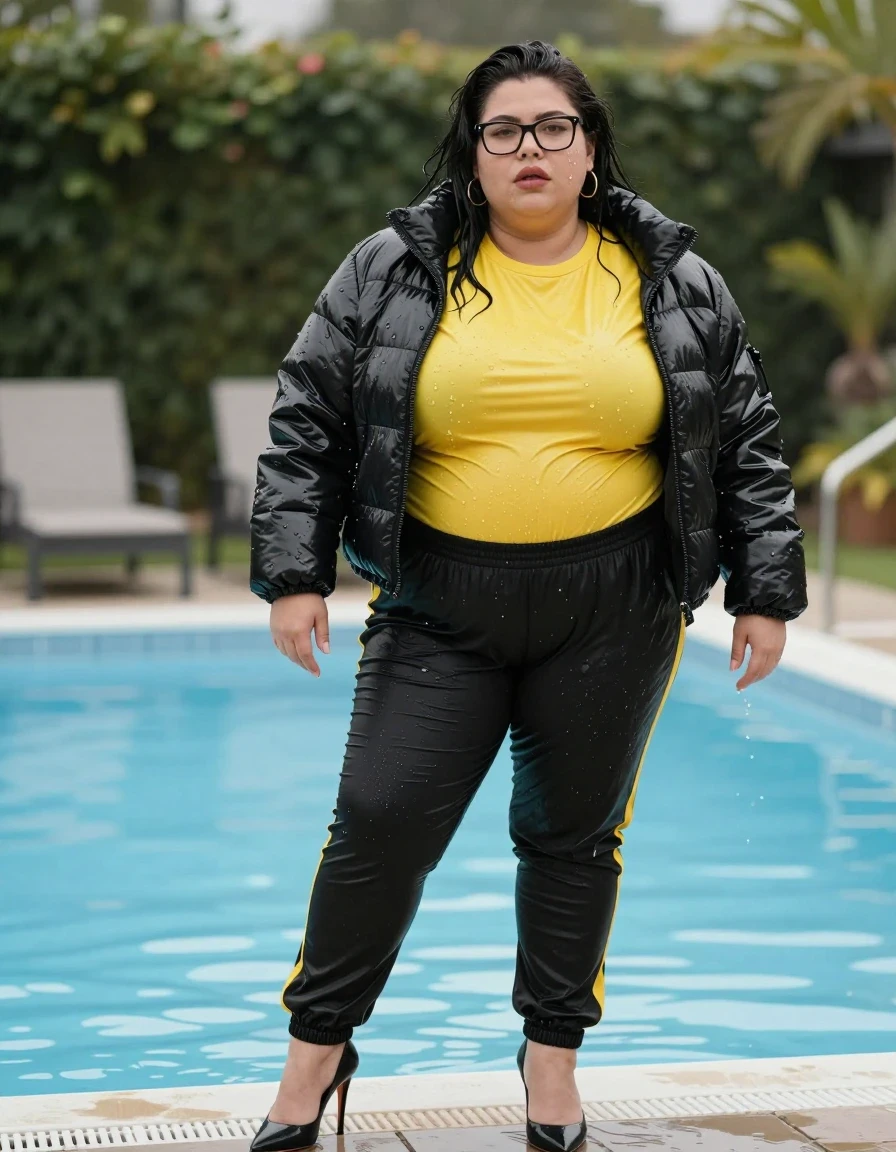 photo of young woman, in soaking wet, drenched clothes,
stilletto black shoes , long wet shiny black tracksuit pants, wet shiny black pvc puffer down jacket, yellow pvc T-shirt, outdoor pool, 
enjoying, wet clothes stuck to body,
detailed textures of the wet clothes, wet face, wet plastered hair,
wet, drenched, professional, high-quality details, full body view.
sharp focus, ultra-high pixel detail, realistic, high-quality, full colors, incredibly detailed, 4k, 8k, 16k, hyper-realistic, RAW photo, masterpiece, ultra-detailed, professionally color graded, professional photograph, europen brunette fat woman 30 years old, long dark black hair, very big and thick lips, office glasses complete body, wet skin, wet clothes, damp fabric, very big free hanging boobs, wet skin, wet clothes, damp fabric