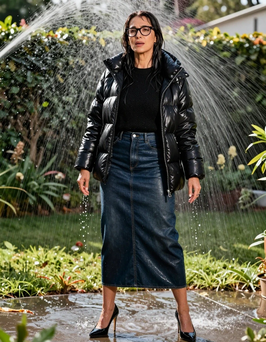 photo of young woman, in soaking wet, drenched clothes,
black high-heeled shoes, maxi dark blue leather denim skirt, black sweater,  maxi black down jacket, under sprinklers in sunny garden, enjoying wet clothes stuck body, enjoying, wet clothes stuck to body, 
enjoying, wet clothes stuck to body,
detailed textures of the wet clothes, wet face, wet plastered hair,
wet, drenched, professional, high-quality details, full body view.
sharp focus, ultra-high pixel detail, realistic, high-quality, full colors, incredibly detailed, 4k, 8k, 16k, hyper-realistic, RAW photo, masterpiece, ultra-detailed, professionally color graded, professional photograph, europen brunette skinny woman 50 years old, long dark black hair, office glasses, very big and thick lips, complete body, wet skin, wet clothes, damp fabric, wet skin, wet clothes, damp fabric, wet skin, wet clothes, damp fabric, wet skin, wet clothes, damp fabric, wet skin, wet clothes, damp fabric, wet skin, wet clothes, damp fabric, wet skin, wet clothes, damp fabric