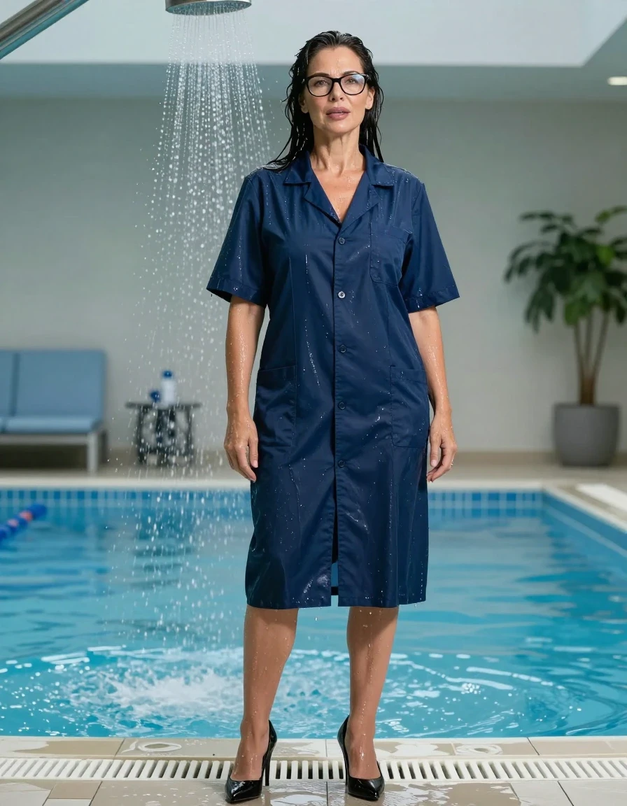photo of young woman, in soaking wet, drenched clothes,
black high-heeled shoes, maxi dark blue labcoat, maxi dark blue labcoat with short sleeves,  in pool under shower after bath in indoor pool, enjoying wet clothes stuck body, enjoying, wet clothes stuck to body, 
enjoying, wet clothes stuck to body,
detailed textures of the wet clothes, wet face, wet plastered hair,
wet, drenched, professional, high-quality details, full body view.
sharp focus, ultra-high pixel detail, realistic, high-quality, full colors, incredibly detailed, 4k, 8k, 16k, hyper-realistic, RAW photo, masterpiece, ultra-detailed, professionally color graded, professional photograph, europen brunette skinny woman 50 years old, long dark black hair, office glasses, very big and thick lips, complete body, wet skin, wet clothes, damp fabric, wet skin, wet clothes, damp fabric, wet skin, wet clothes, damp fabric, wet skin, wet clothes, damp fabric, wet skin, wet clothes, damp fabric, wet skin, wet clothes, damp fabric, wet skin, wet clothes, damp fabric