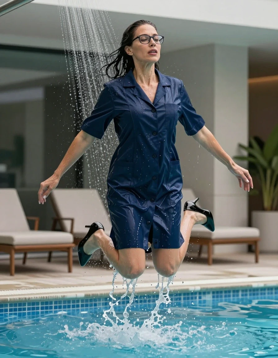 photo of young woman, in soaking wet, drenched clothes,
black high-heeled shoes, maxi dark blue labcoat, maxi dark blue labcoat with short sleeves, jumping in pool under shower after bath in indoor pool, enjoying wet clothes stuck body, enjoying, wet clothes stuck to body, 
enjoying, wet clothes stuck to body,
detailed textures of the wet clothes, wet face, wet plastered hair,
wet, drenched, professional, high-quality details, full body view.
sharp focus, ultra-high pixel detail, realistic, high-quality, full colors, incredibly detailed, 4k, 8k, 16k, hyper-realistic, RAW photo, masterpiece, ultra-detailed, professionally color graded, professional photograph, europen brunette skinny woman 50 years old, long dark black hair, office glasses, very big and thick lips, complete body, wet skin, wet clothes, damp fabric, wet skin, wet clothes, damp fabric, wet skin, wet clothes, damp fabric, wet skin, wet clothes, damp fabric, wet skin, wet clothes, damp fabric, wet skin, wet clothes, damp fabric, wet skin, wet clothes, damp fabric