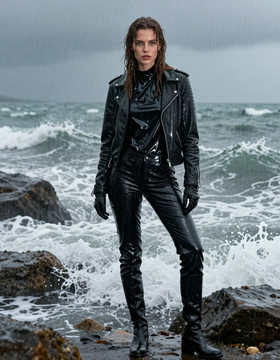 A photorealistic full-body shot of a young adult European woman with long, dripping wet brown hair, standing in a rocky ocean cove during a heavy rainstorm. She is wearing an oversize black vinyl polar neck shirt with a high-gloss, reflective wet sheen, layered under a rugged black biker leather jacket, and black leather gloves. She wears tight black leather jeans that are visibly soaked, clinging to her legs with heavy folds and intense specular highlights on the saturated leather surface. She wears black leather knee-high boots. The entire scene is drenched; waves are actively splashing against her, creating a misty spray, with heavy rain falling around her. Her skin is glistening with water, and her clothing is heavily saturated, dark, and clinging to her form. The lighting is moody and cinematic, emphasizing the contrast between the dark, wet materials and the cold, turbulent sea. High-resolution, sharp focus, 8k, professional photography, realistic water physics, no nudity, fully clothed.