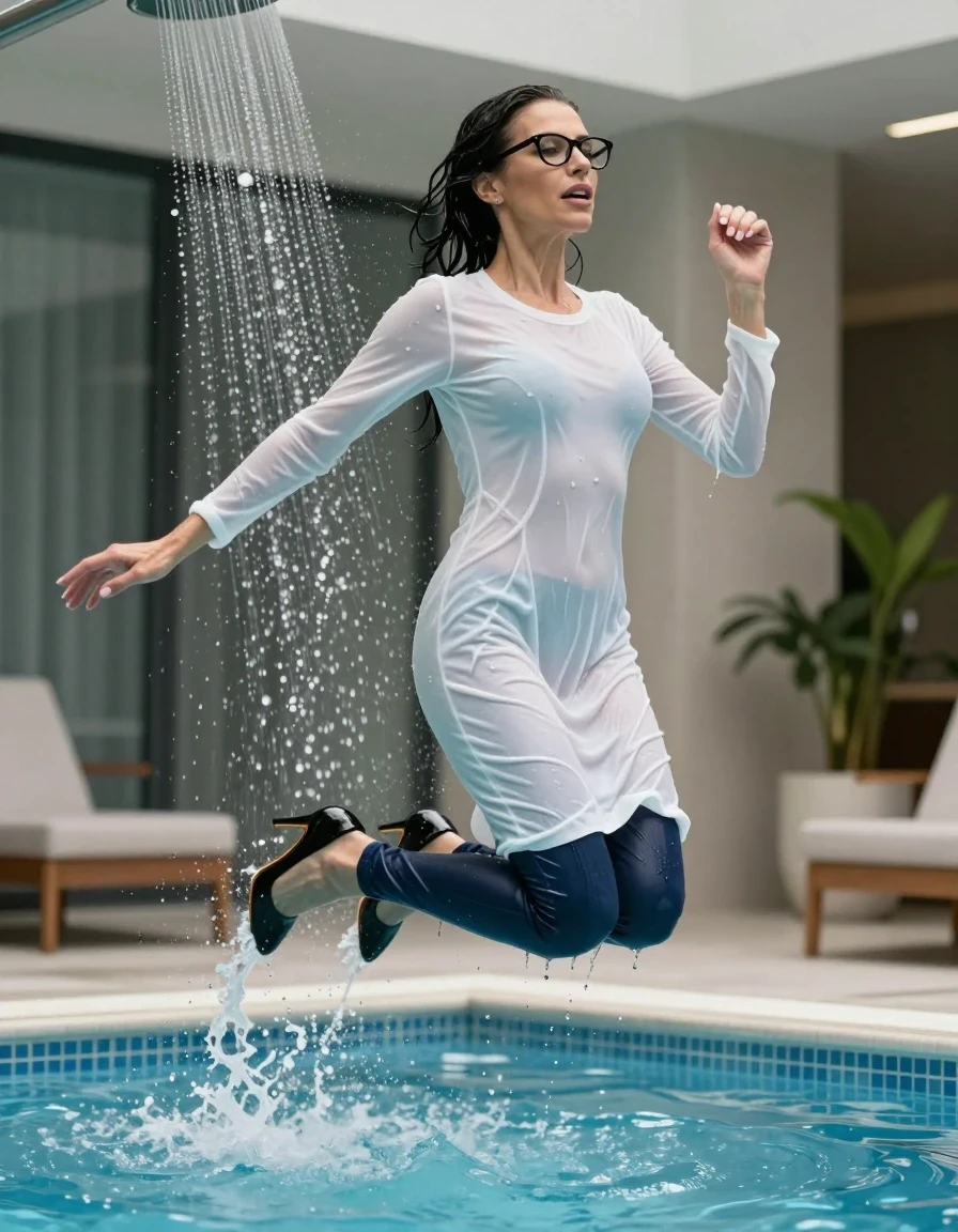 photo of young woman, in soaking wet, drenched clothes,
black high-heeled shoes, long dark blue leather jeans, long white sweater dress, jumping in pool under shower after bath in indoor pool, enjoying wet clothes stuck body, enjoying, wet clothes stuck to body, 
enjoying, wet clothes stuck to body,
detailed textures of the wet clothes, wet face, wet plastered hair,
wet, drenched, professional, high-quality details, full body view.
sharp focus, ultra-high pixel detail, realistic, high-quality, full colors, incredibly detailed, 4k, 8k, 16k, hyper-realistic, RAW photo, masterpiece, ultra-detailed, professionally color graded, professional photograph, europen brunette skinny woman 50 years old, long dark black hair, office glasses, very big and thick lips, complete body, wet skin, wet clothes, damp fabric, wet skin, wet clothes, damp fabric, wet skin, wet clothes, damp fabric, wet skin, wet clothes, damp fabric, wet skin, wet clothes, damp fabric, wet skin, wet clothes, damp fabric, wet skin, wet clothes, damp fabric