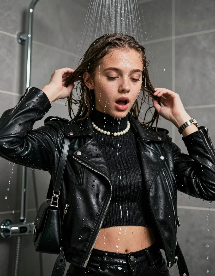 photo of young woman, in soaking wet, drenched clothes,
, , Black biker leatherjacket, knit turtleneck sweater belly free, shoulderbag, pearl necklace, bracelet, wristwatch, Modern mirrored shower, 
enjoying, wet clothes stuck to body,
detailed textures of the wet clothes, wet face, wet plastered hair,
wet, drenched, professional, high-quality details, full body view.
sharp focus, ultra-high pixel detail, realistic, high-quality, full colors, incredibly detailed, 4k, 8k, 16k, hyper-realistic, RAW photo, masterpiece, ultra-detailed, professionally color graded, professional photograph, Pigtails

15 years old  teenage girl

One hand in her hair. Looking down. afraid and astonished. open mouth, closed eyes.

A high-quality vertical fashion photograph of a 15-year-old teenage girl standing directly under a heavy, powerful stream of water in a modern shower. She has Sleek shoulder-length, completely saturated and dripping wet hair, with water cascading down her face and neck, creating an intense and exhilarated expression. The lighting is bright and cinematic, highlighting the glistening water droplets on her skin and the saturated texture of her  clothes. The composition is a clear, frontal portrait, capturing the refreshing and powerful sensation of the water flow. The girl is positioned centrally, facing the camera at a mild three-quarter angle, with her face clearly visible. The depicted girl has shoulder-length hair. Show her face clearly toward the camera at a mild three-quarter angle, large enough for a natural portrait face reference.
her clothing is soaking wet and clinging tightly to her skin, showing heavy wet folds, darkened fabric texture, and deep water-saturated Patches, her clothes are heavy from the water, water runs from her body and her clothes in streams. A lot of water also runs out of her clothes. Her clothes are darkened by the water. 
hyper-realistic wetness, high-contrast water sheen, sharp focus, 16k resolution, professional photography, realistic water physics., wet skin, wet clothes, damp fabric, wet skin, wet clothes, damp fabric
