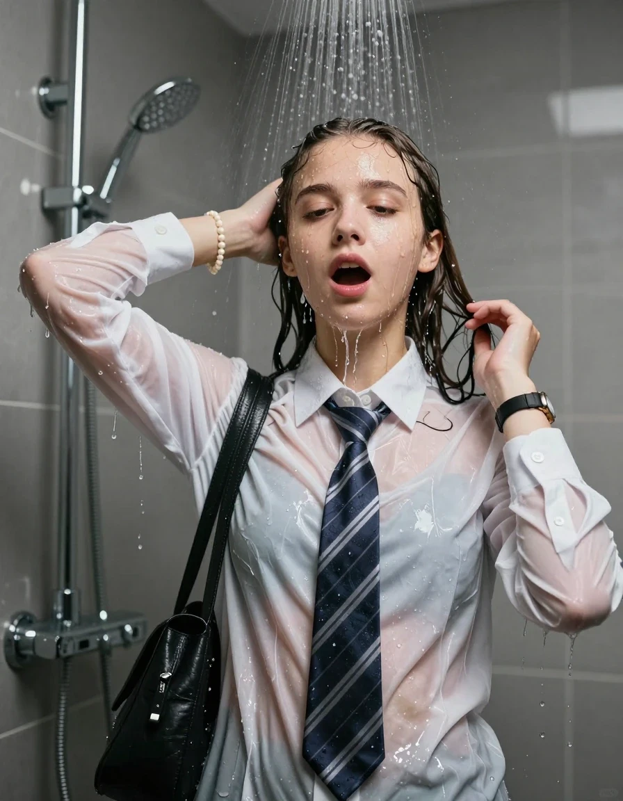 photo of young woman, in soaking wet, drenched clothes,
, , crisp white smart long sleeve shirt, striped tie, shoulderbag, pearl necklace, bracelet, wristwatch, Modern mirrored shower, 
enjoying, wet clothes stuck to body,
detailed textures of the wet clothes, wet face, wet plastered hair,
wet, drenched, professional, high-quality details, full body view.
sharp focus, ultra-high pixel detail, realistic, high-quality, full colors, incredibly detailed, 4k, 8k, 16k, hyper-realistic, RAW photo, masterpiece, ultra-detailed, professionally color graded, professional photograph, Pigtails

15 years old  teenage girl

One hand in her hair. Looking up. afraid and astonished. open mouth, closed eyes.

A high-quality vertical fashion photograph of a 15-year-old teenage girl standing directly under a heavy, powerful stream of water in a modern shower. She has Sleek shoulder-length, completely saturated and dripping wet hair, with water cascading down her face and neck, creating an intense and exhilarated expression. The lighting is bright and cinematic, highlighting the glistening water droplets on her skin and the saturated texture of her  clothes. The composition is a clear, frontal portrait, capturing the refreshing and powerful sensation of the water flow. The girl is positioned centrally, facing the camera at a mild three-quarter angle, with her face clearly visible. The depicted girl has shoulder-length hair. Show her face clearly toward the camera at a mild three-quarter angle, large enough for a natural portrait face reference.
her clothing is soaking wet and clinging tightly to her skin, showing heavy wet folds, darkened fabric texture, and deep water-saturated Patches, her clothes are heavy from the water, water runs from her body and her clothes in streams. A lot of water also runs out of her clothes. Her clothes are darkened by the water. 
hyper-realistic wetness, high-contrast water sheen, sharp focus, 16k resolution, professional photography, realistic water physics., wet skin, wet clothes, damp fabric, wet skin, wet clothes, damp fabric, wet skin, wet clothes, damp fabric