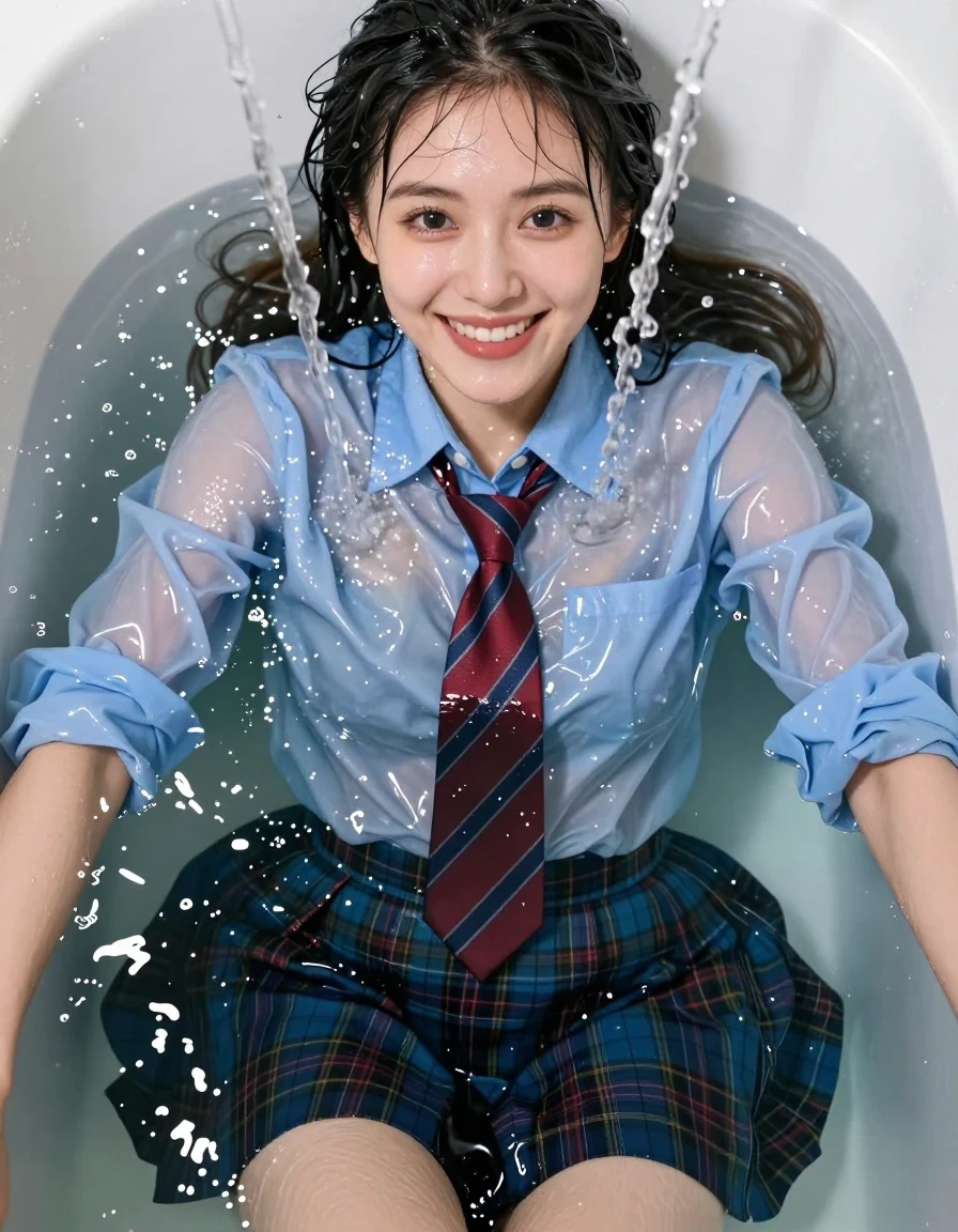 A photorealistic close-up selfie of a beautiful young adult European woman with big, expressive, vibrant eyes and a bright, joyful smile. She is fully submerged in a bathtub overflowing with water, with a dramatic, cascading stream of water pouring over her. Her hair is plastered to her head and shoulders, dripping wet. She wears a long-sleeve, crisp, starched pale blue shirt that is completely soaked, clinging to her skin with heavy, translucent wet folds, and a striped red tie that is saturated and darkened by the water. She is wearing a tartan skirt that is heavy with water, its fabric clinging and colors deepened by the saturation. Her black socks and black shoes are visible, thoroughly drenched and dark, with water sheen and specular highlights on the fabric. The scene is illuminated by bright, clear lighting that emphasizes the glossy wet skin, the clinging wet fabric, and the sparkling, turbulent water droplets caught in the air. High-resolution, cinematic photography, sharp focus on the subject's face and the texture of the soaked clothing, realistic water refraction and light reflections.