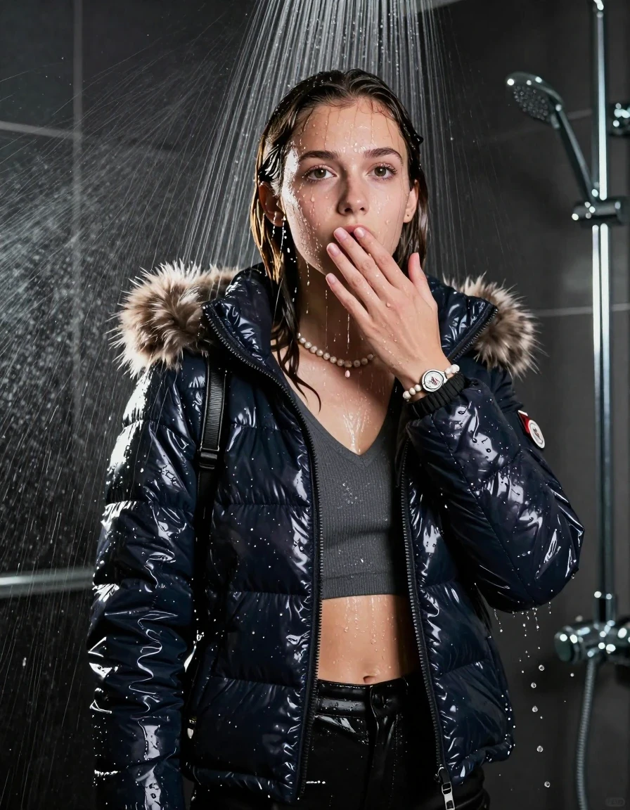 photo of young woman, in soaking wet, drenched clothes,
, , Moncler shiny puffer down jacket with fur, Open jacket, tight v-neck sweater belly free, shoulderbag, pearl necklace, bracelet, wristwatch, Modern mirrored shower, 
enjoying, wet clothes stuck to body,
detailed textures of the wet clothes, wet face, wet plastered hair,
wet, drenched, professional, high-quality details, full body view.
sharp focus, ultra-high pixel detail, realistic, high-quality, full colors, incredibly detailed, 4k, 8k, 16k, hyper-realistic, RAW photo, masterpiece, ultra-detailed, professionally color graded, professional photograph, A high-quality vertical fashion photograph of a 15-year-old teenage girl standing directly under a heavy, powerful stream of water in a modern shower. She has Sleek  straight shoulder-length, completely saturated and dripping wet hair, with water cascading down her face and neck, creating an afraid and astonished expression. She hold a hand on her mouth. The lighting is bright and cinematic, highlighting the glistening water droplets on her skin and the saturated texture of her  casual clothes. The composition is a clear, frontal portrait, capturing the refreshing and powerful sensation of the water flow. The girl is positioned centrally, facing the camera at a mild three-quarter angle, with her face clearly visible. The depicted girl has shoulder-length hair. Show her face clearly toward the camera at a mild three-quarter angle, large enough for a natural portrait face reference.
her clothing is soaking wet and clinging tightly to her skin, showing heavy wet folds, darkened fabric texture, and deep water-saturated Patches, her clothes are heavy from the water, water runs from her body and her clothes in streams. A lot of water also runs out of her clothes. Her clothes are darkened by the water. 
hyper-realistic wetness, high-contrast water sheen, sharp focus, 16k resolution, professional photography, realistic water physics., wet skin, wet clothes, damp fabric, wet skin, wet clothes, damp fabric, wet skin, wet clothes, damp fabric