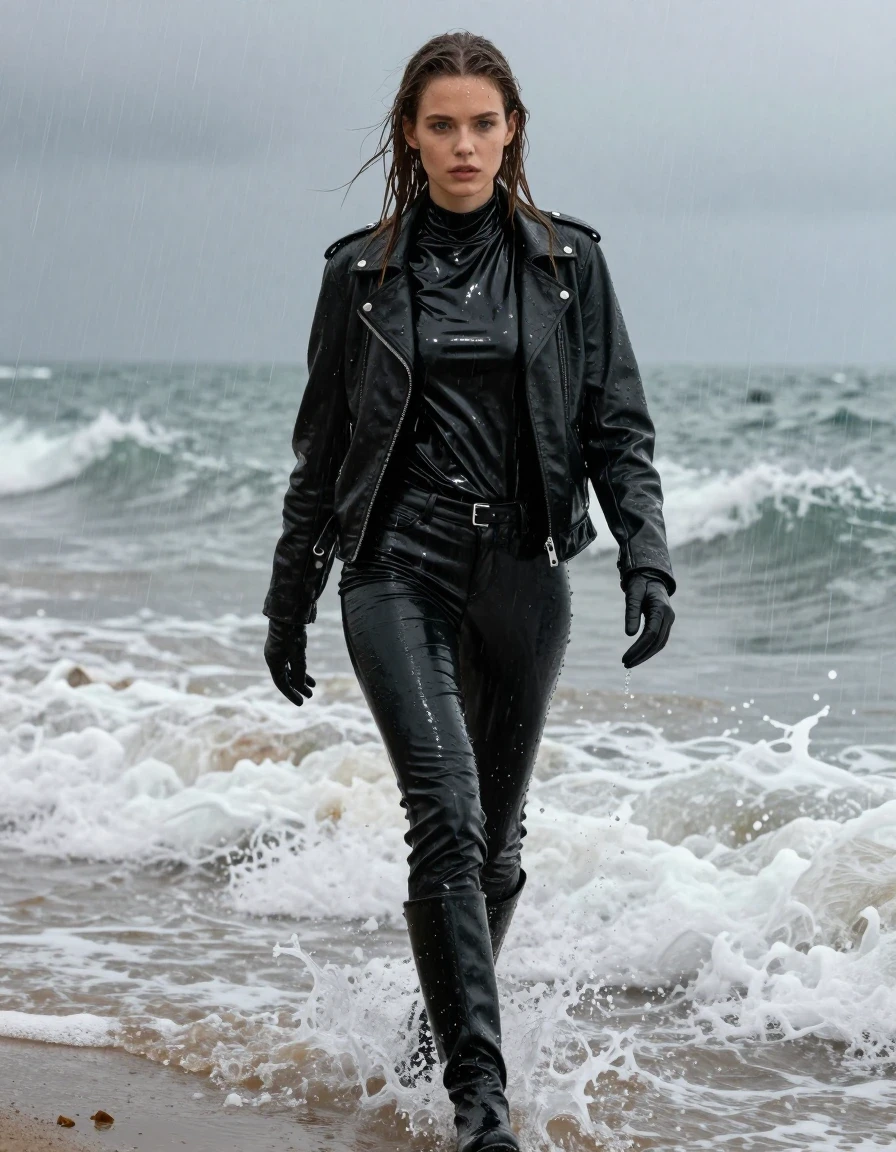 A stunning young adult European woman with long, dripping wet brown hair and glistening wet skin, walking through crashing waves on a beach during a heavy rainstorm. She is wearing an oversized black vinyl turtleneck shirt with a high-gloss, reflective finish, layered under a rugged black biker leather jacket, with black leather gloves on both hands. She wears black leather jeans that are heavy with water, clinging to her legs with deep sheen and dark, saturated tones. She is wearing black leather knee-high boots that are slick and drenched from the surf. The scene is captured in high-detail photorealism, showing water splashing against her, heavy rain falling, and fabric textures saturated and clinging to her form. The lighting is moody and overcast, emphasizing the intense specular highlights on her wet skin, the vinyl, and the leather. The composition is a full-body shot capturing the motion of the waves and the stormy atmosphere. No nudity, clean anatomy, realistic wet textures, high-contrast lighting, sharp focus, 8k resolution, cinematic atmosphere.
